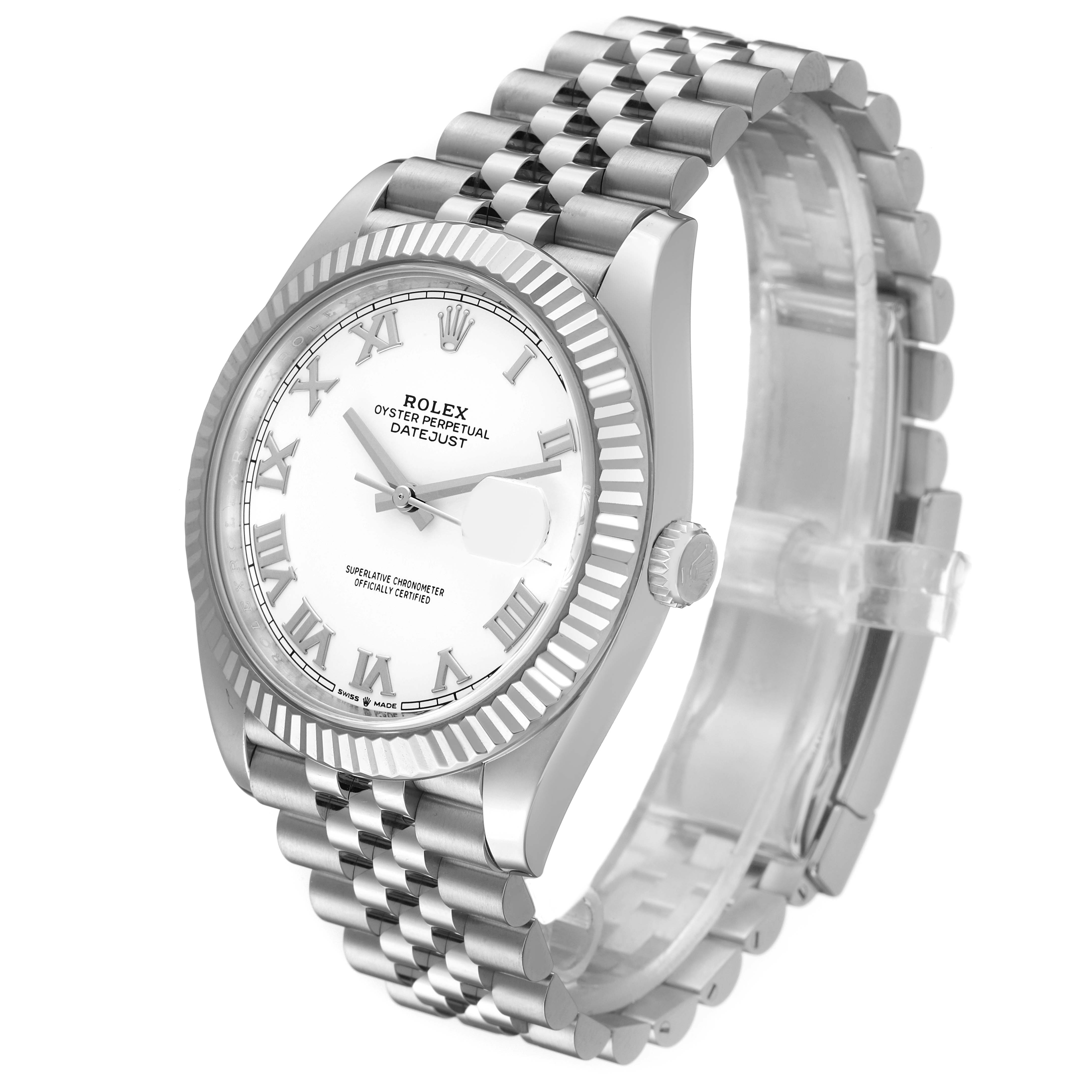 The Rolex Datejust 41 M126334-0024 Men's Stainless Steel White Dial is shown at a three-quarter angle, highlighting the face, fluted bezel, and Jubilee bracelet.