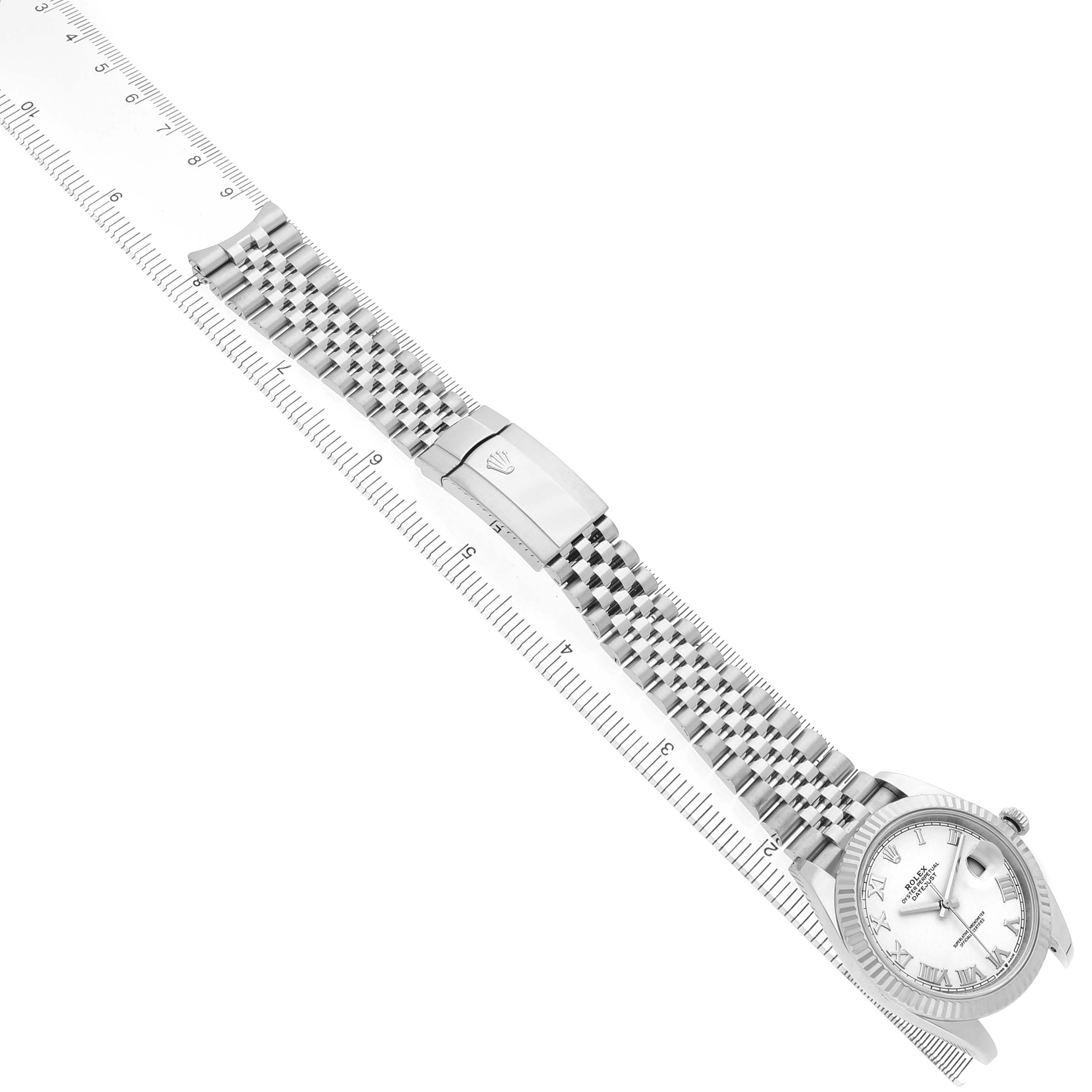 The Rolex Datejust 41 M126334-0024 Men's Stainless Steel White Dial is shown from a top-down angle, displaying the face, bracelet, and deployment clasp.