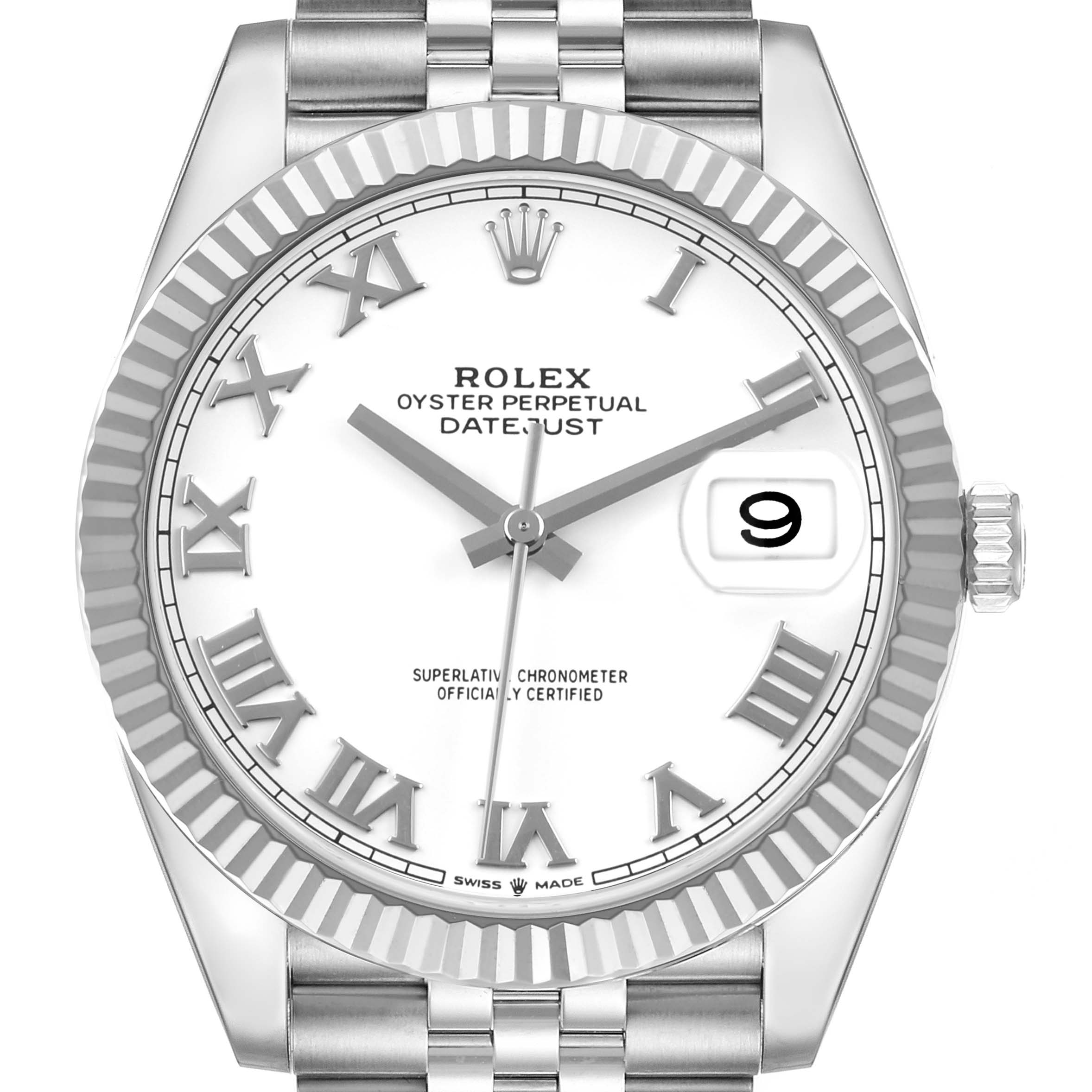 The Rolex Datejust 41 M126334-0024 Men's Stainless Steel White Dial is shown from the front, highlighting the dial, bezel, crown, and bracelet.
