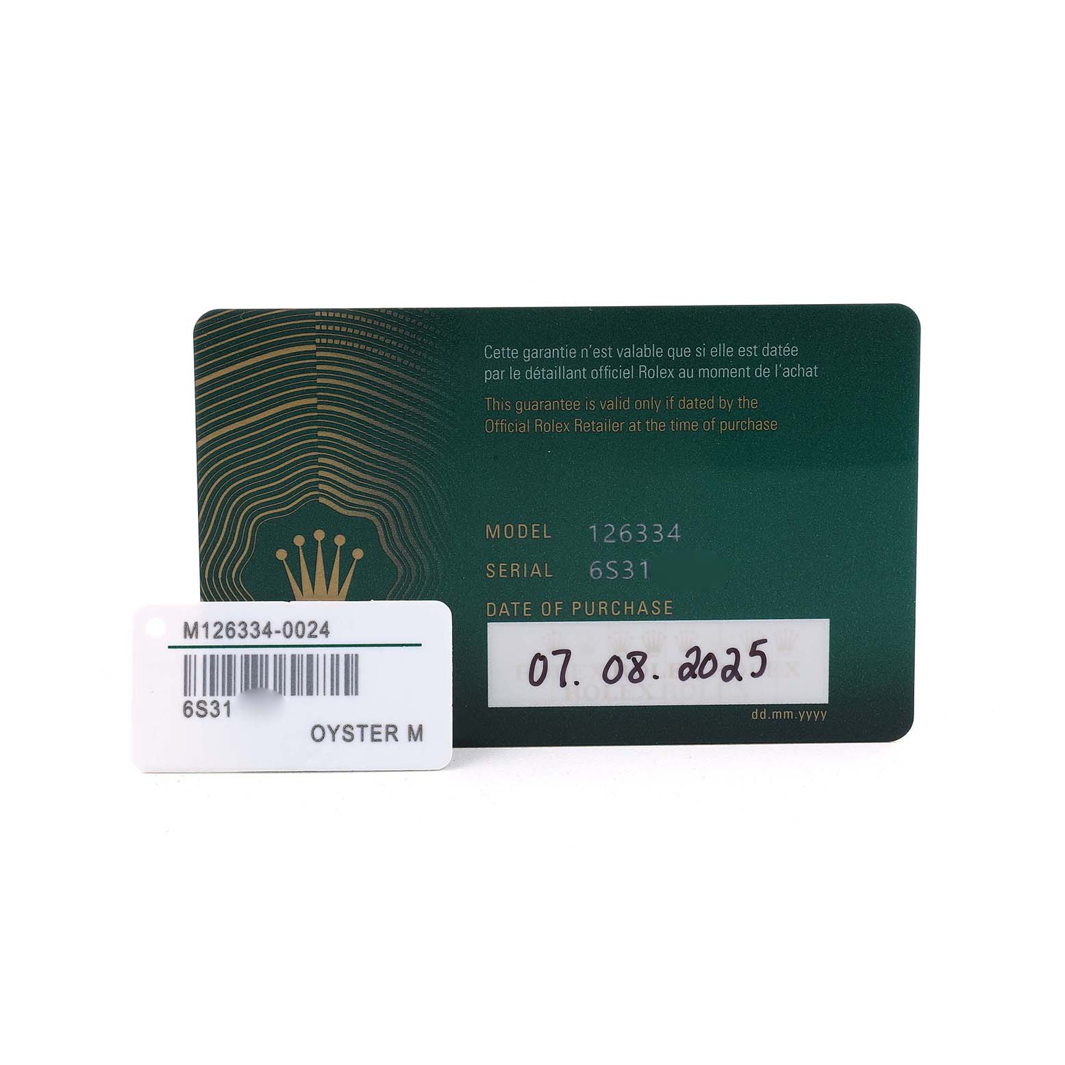 The image shows a warranty card with model and serial numbers for a Rolex Datejust 41 M126334-0024 Men's Stainless Steel White Dial, with a date of purchase listed.
