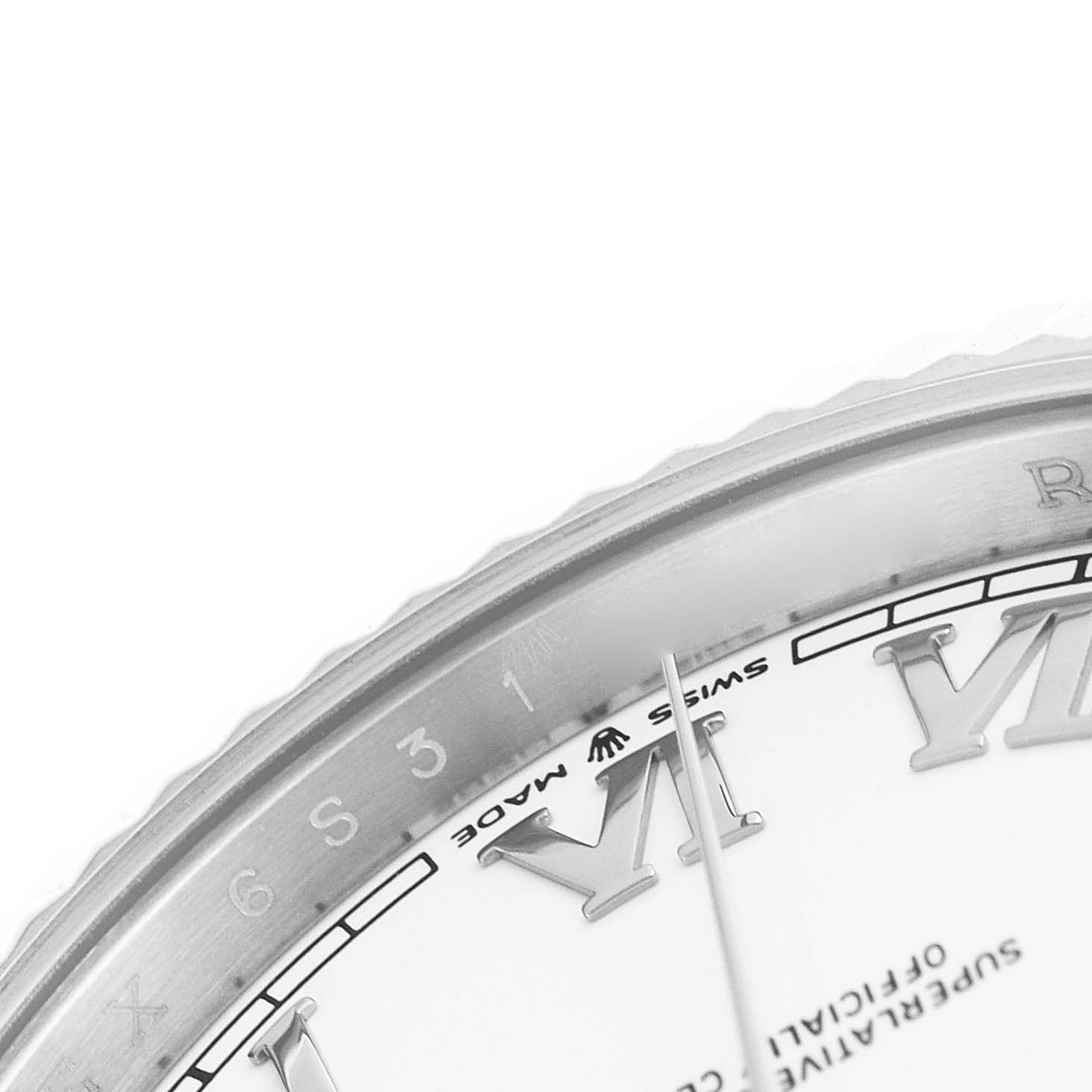 The image shows a close-up of the Rolex Datejust 41 M126334-0024 Men's Stainless Steel White Dial's dial and bezel, highlighting the Roman numerals and "Swiss Made" text.