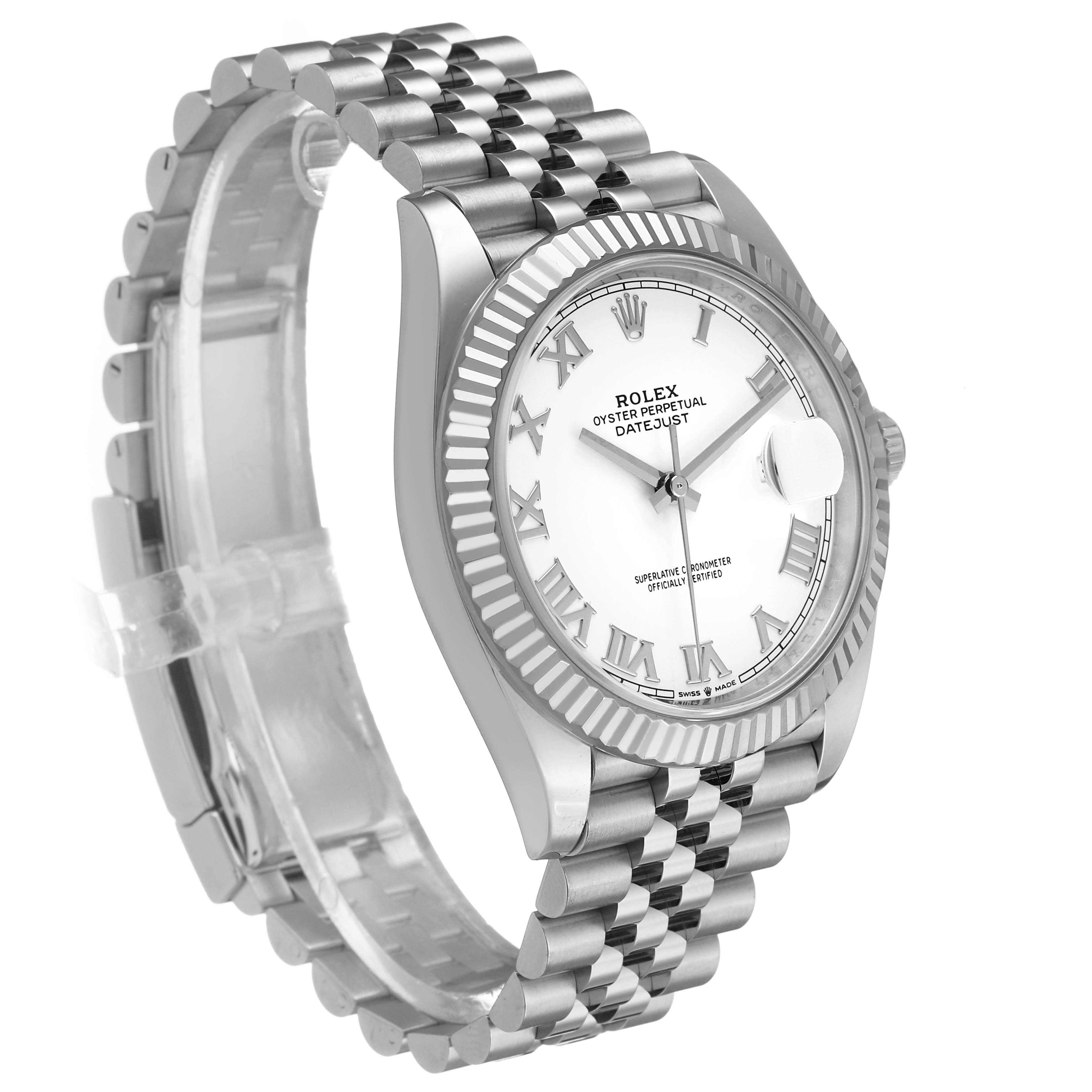The Rolex Datejust 41 M126334-0024 Men's Stainless Steel White Dial is shown at a three-quarter angle, highlighting the dial, bezel, and part of the bracelet.