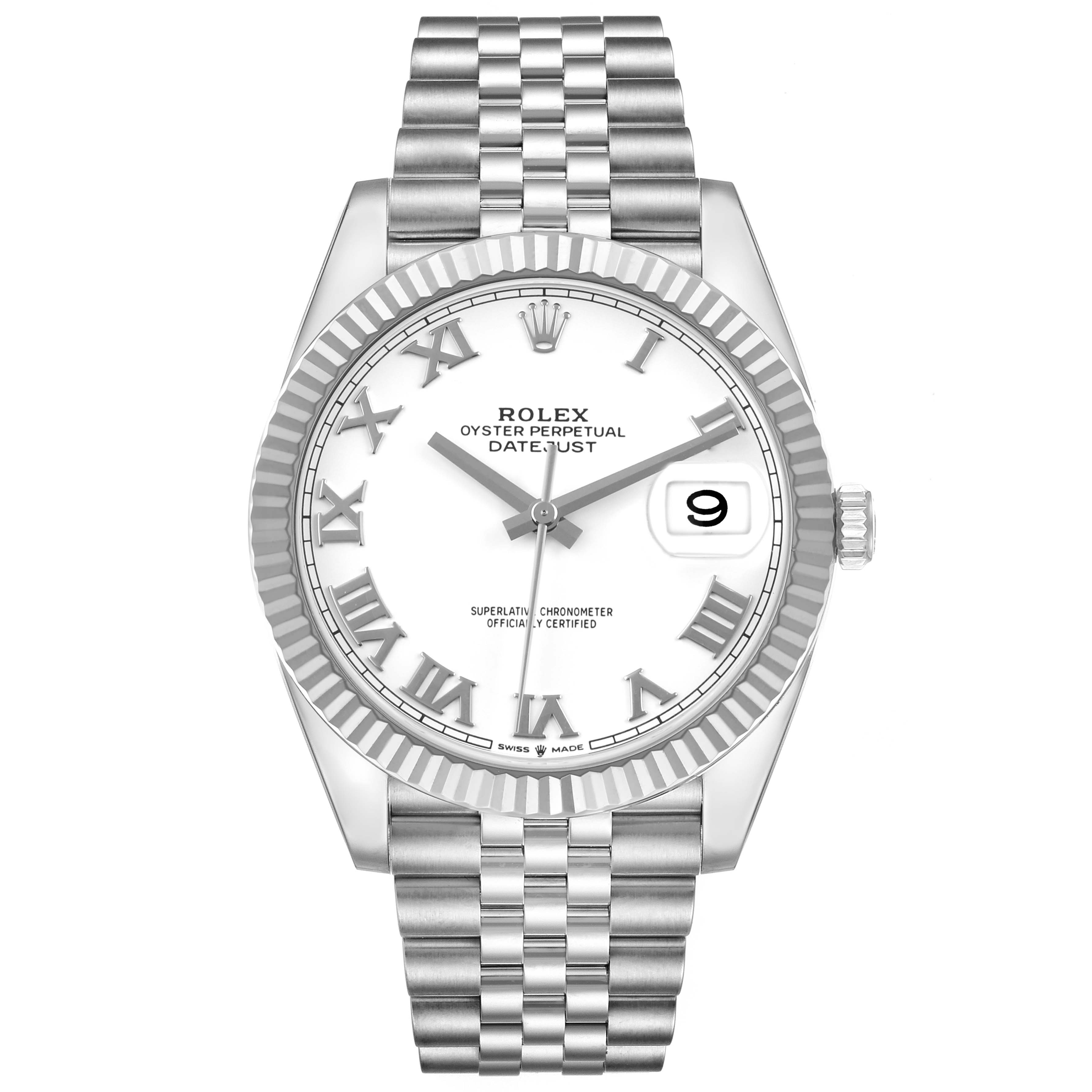 The Rolex Datejust 41 M126334-0024 Men's Stainless Steel White Dial is shown from a top-down angle, displaying its white Roman numeral dial, fluted bezel, and Jubilee bracelet.