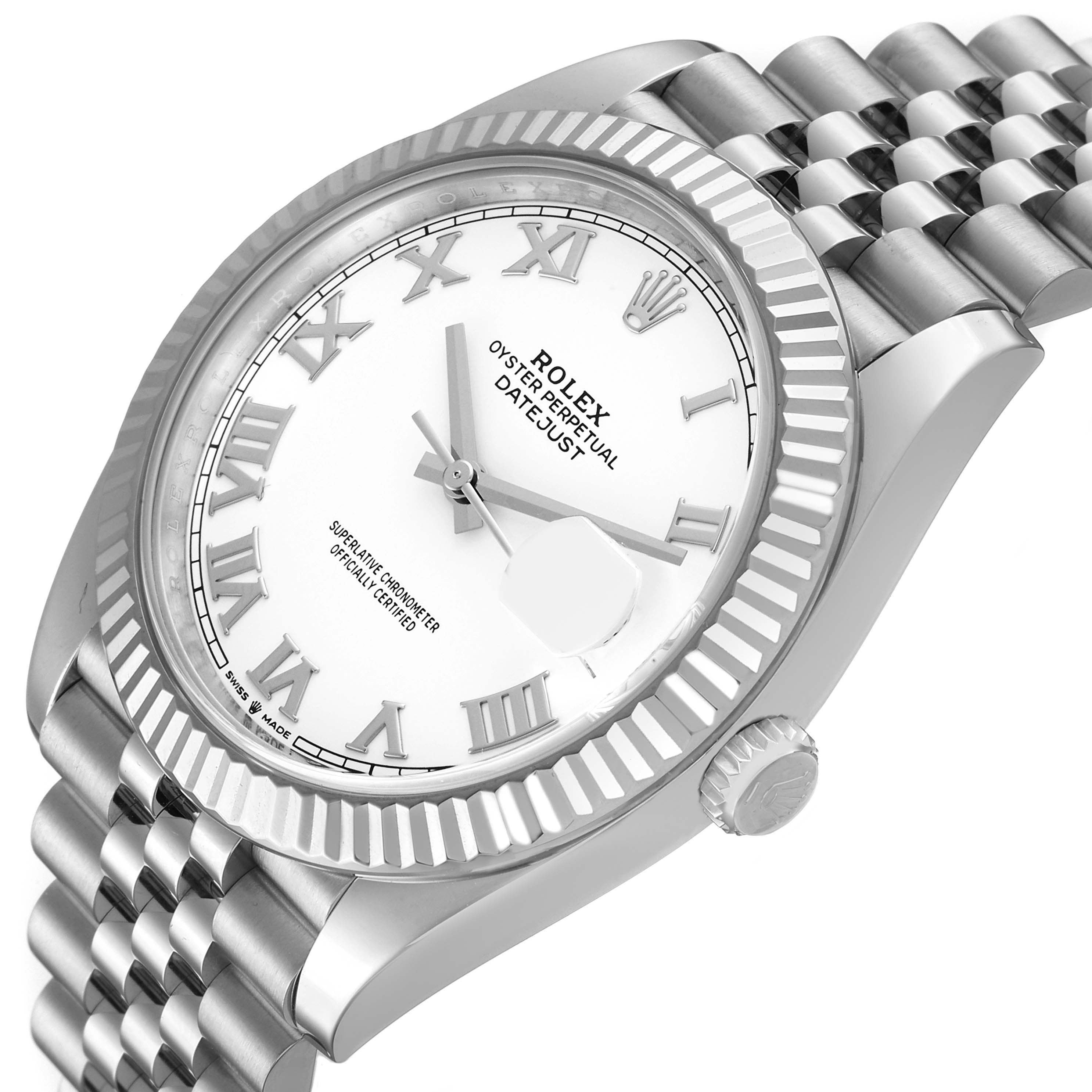 The Rolex Datejust 41 M126334-0024 Men's Stainless Steel White Dial is shown at an angle displaying the dial, fluted bezel, crown, and part of the Jubilee bracelet.