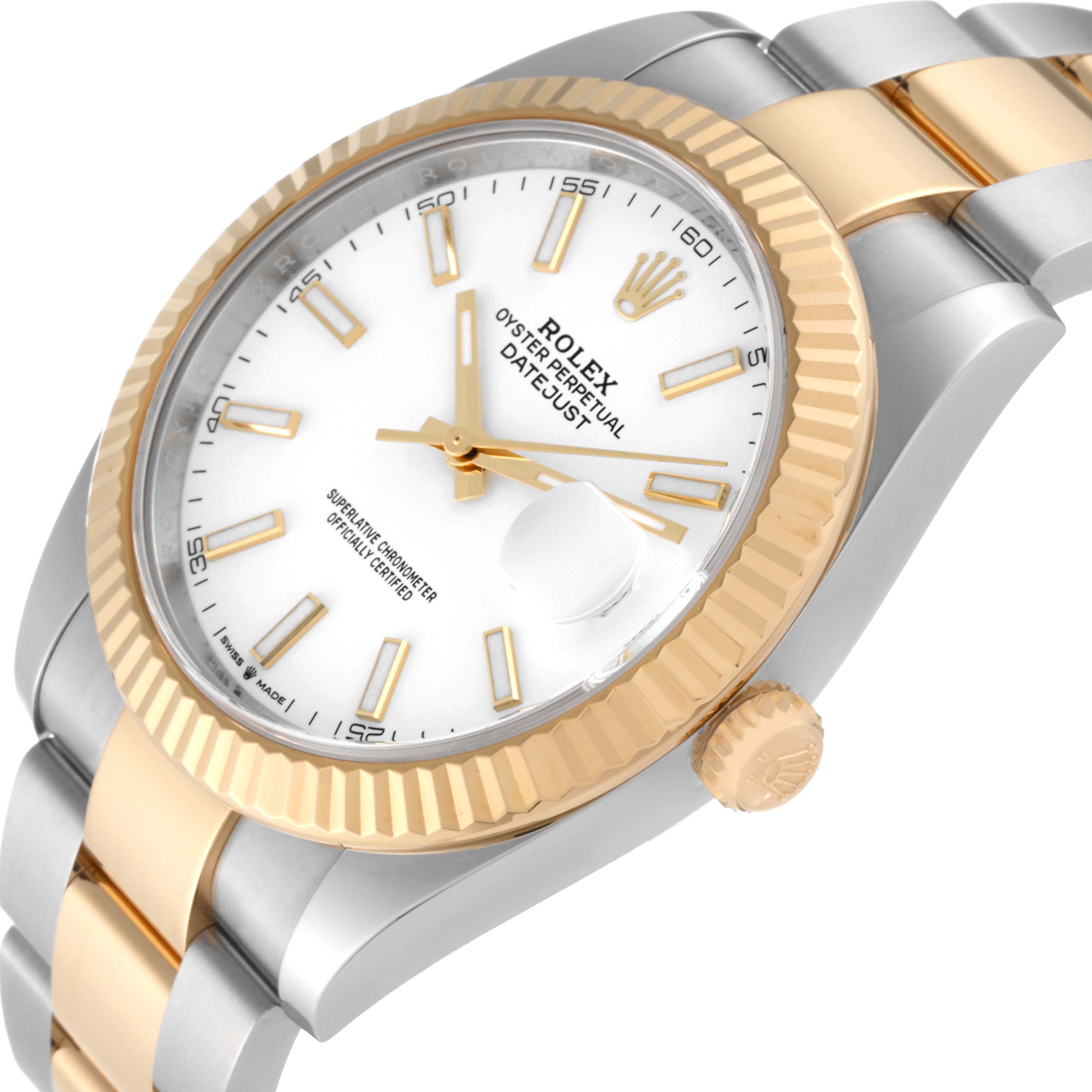 This Rolex Datejust 41 126333 Men's Steel and Gold (two tone) White Dial 126333 Men's Steel and Gold (two tone) White Dial is shown at an angled side view, highlighting the dial, bezel, crown, and bracelet.