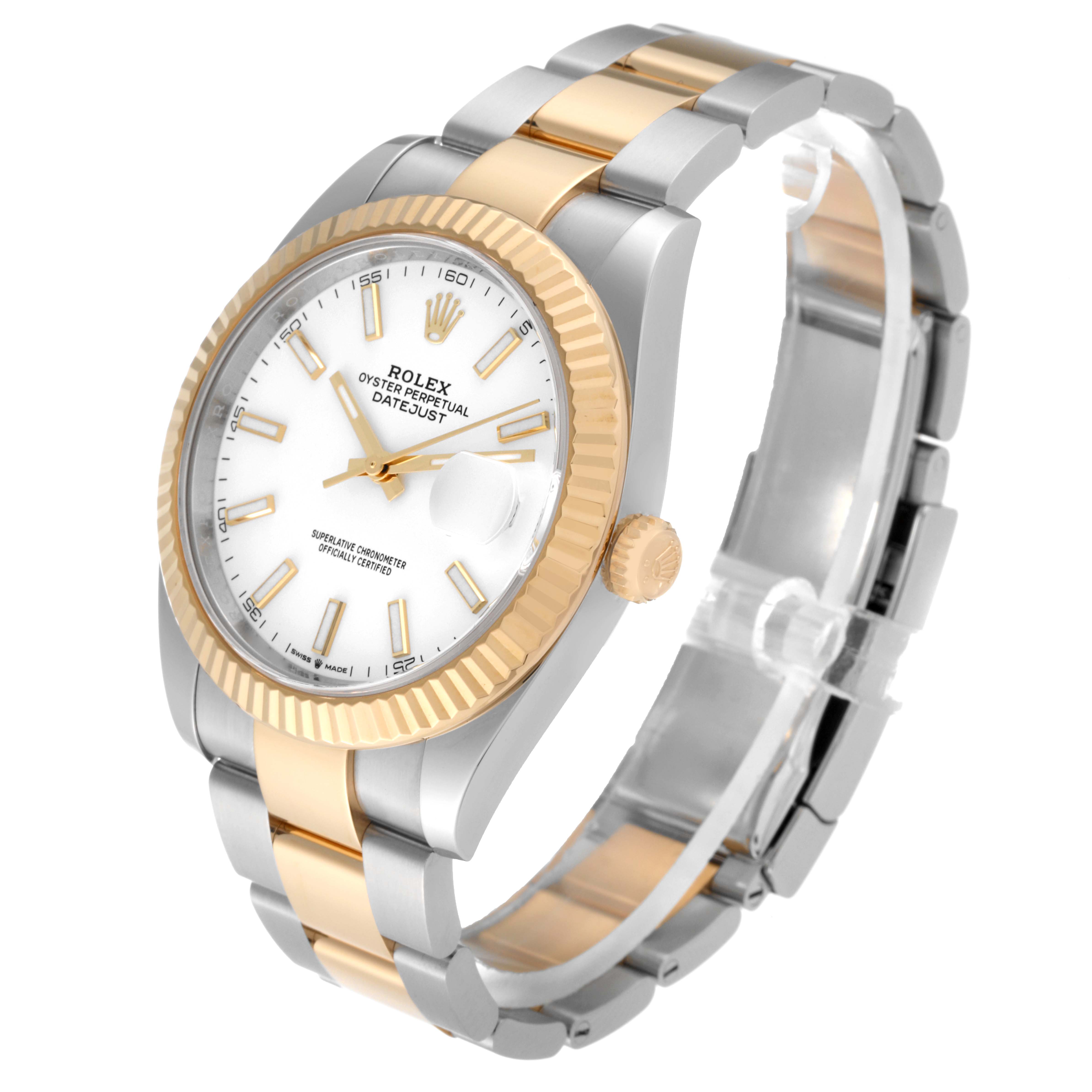 The Rolex Datejust 41 126333 Men's Steel and Gold (two tone) White Dial 126333 Men's Steel and Gold (two tone) White Dial watch is shown at a slight angle, featuring its gold and silver bracelet and face details.