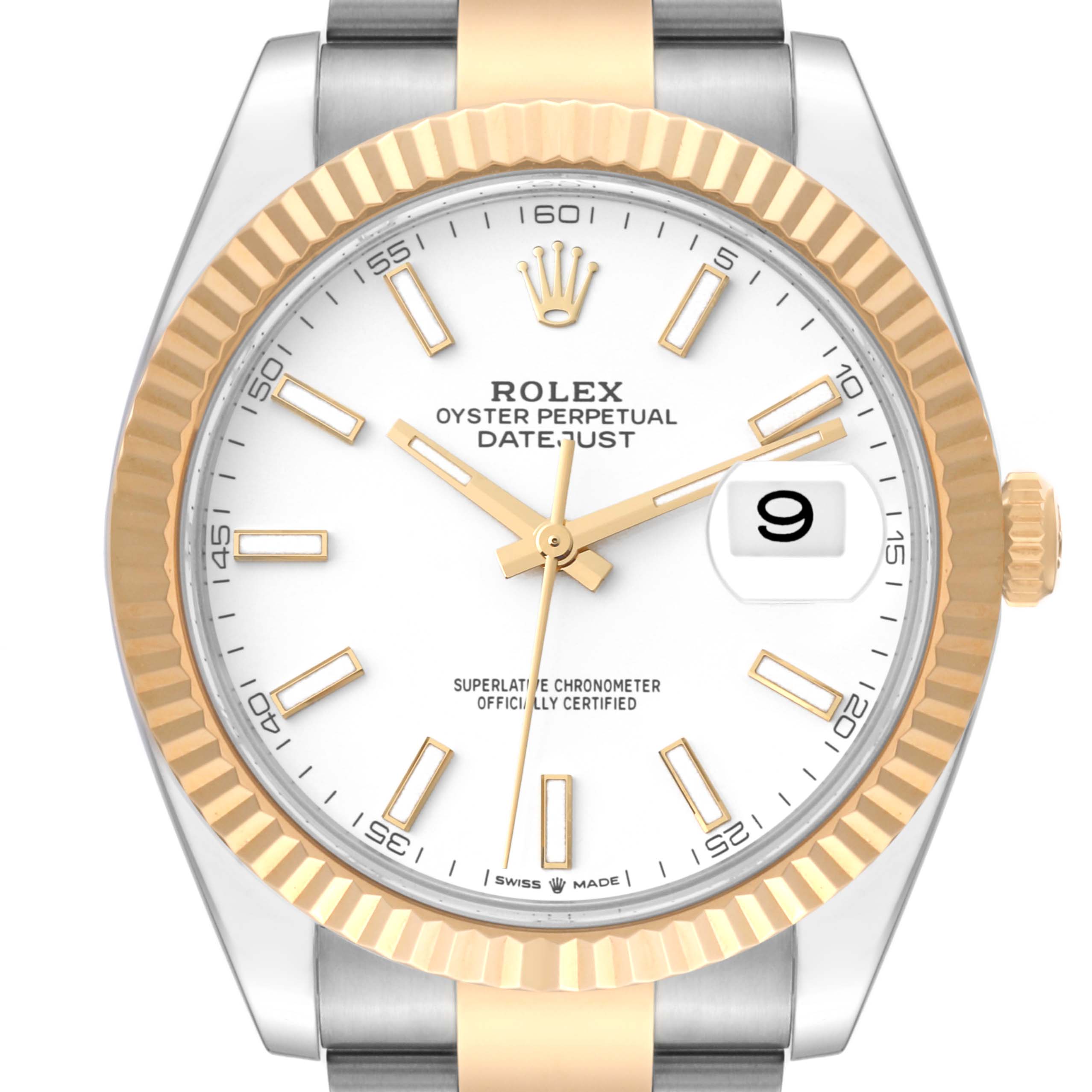 The image shows the face and part of the band of a Rolex Datejust 41 126333 Men's Steel and Gold (two tone) White Dial 126333 Men's Steel and Gold (two tone) White Dial, highlighting the dial, crown, and bezel.