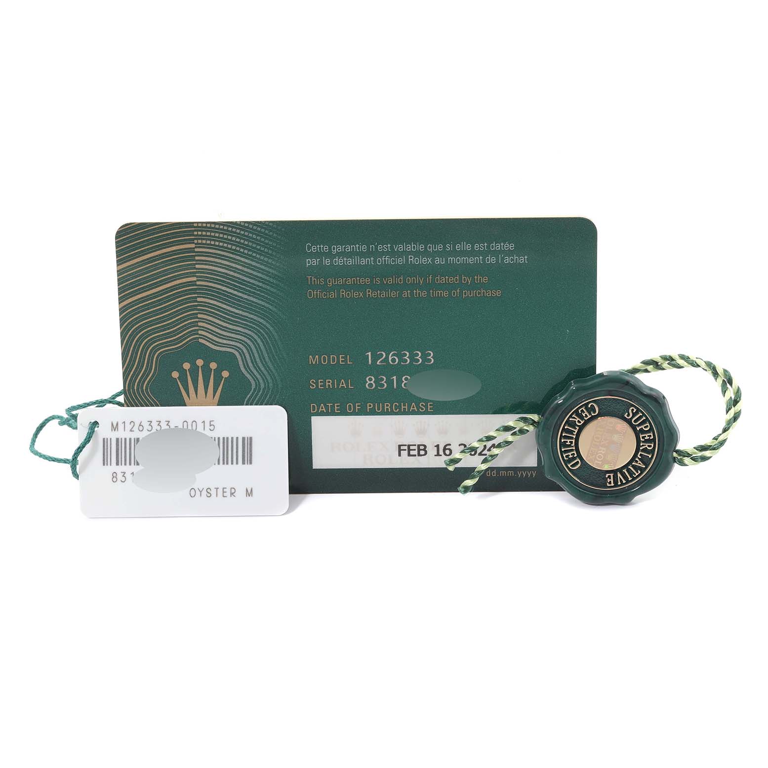 The image shows the warranty card, tag, and serial number tag for a Rolex Datejust 41 126333 Men's Steel and Gold (two tone) White Dial 126333 Men's Steel and Gold (two tone) White Dial model.