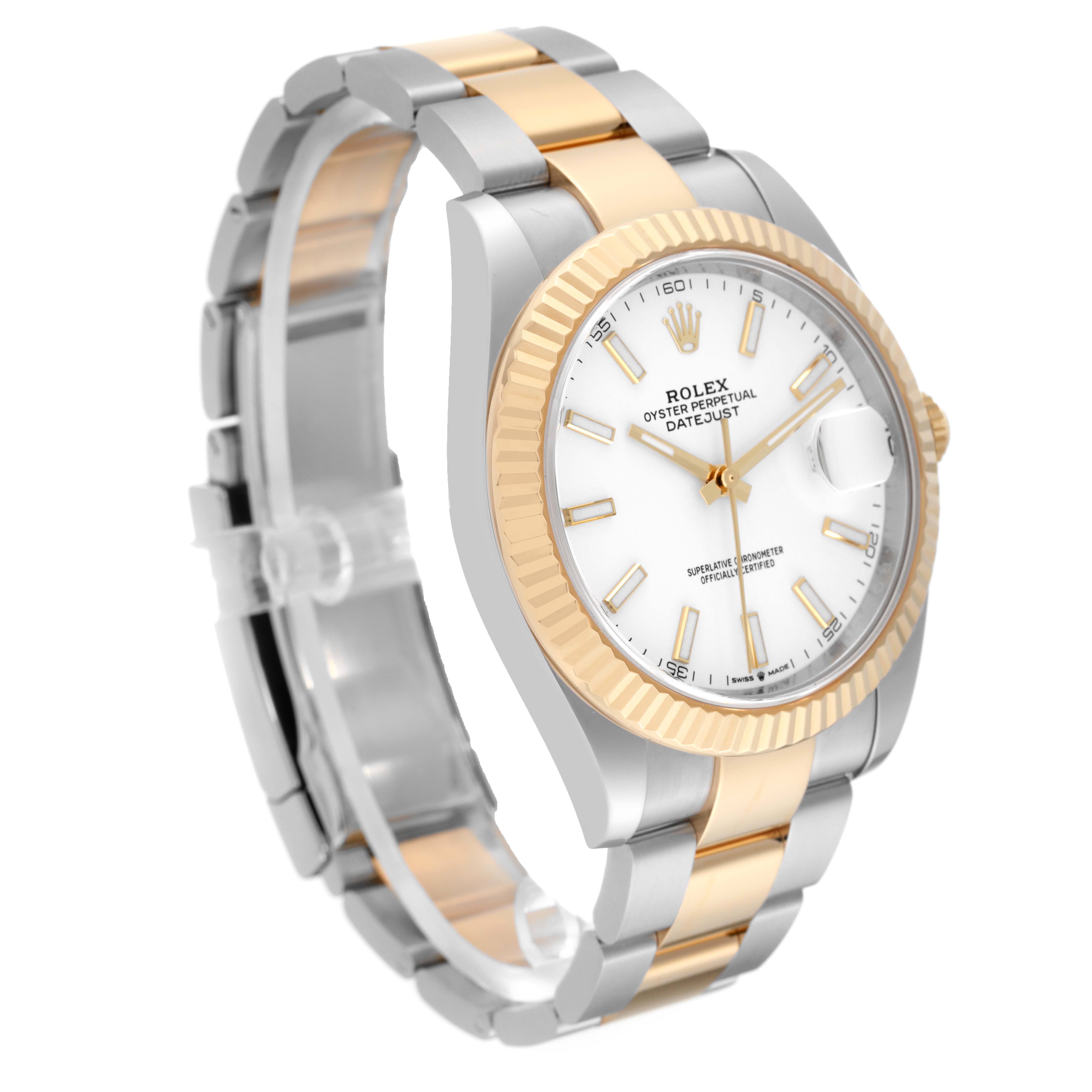 This image shows a Rolex Datejust 41 126333 Men's Steel and Gold (two tone) White Dial 126333 Men's Steel and Gold (two tone) White Dial watch at a slight angle, displaying its two-tone bracelet, fluted bezel, and white dial.