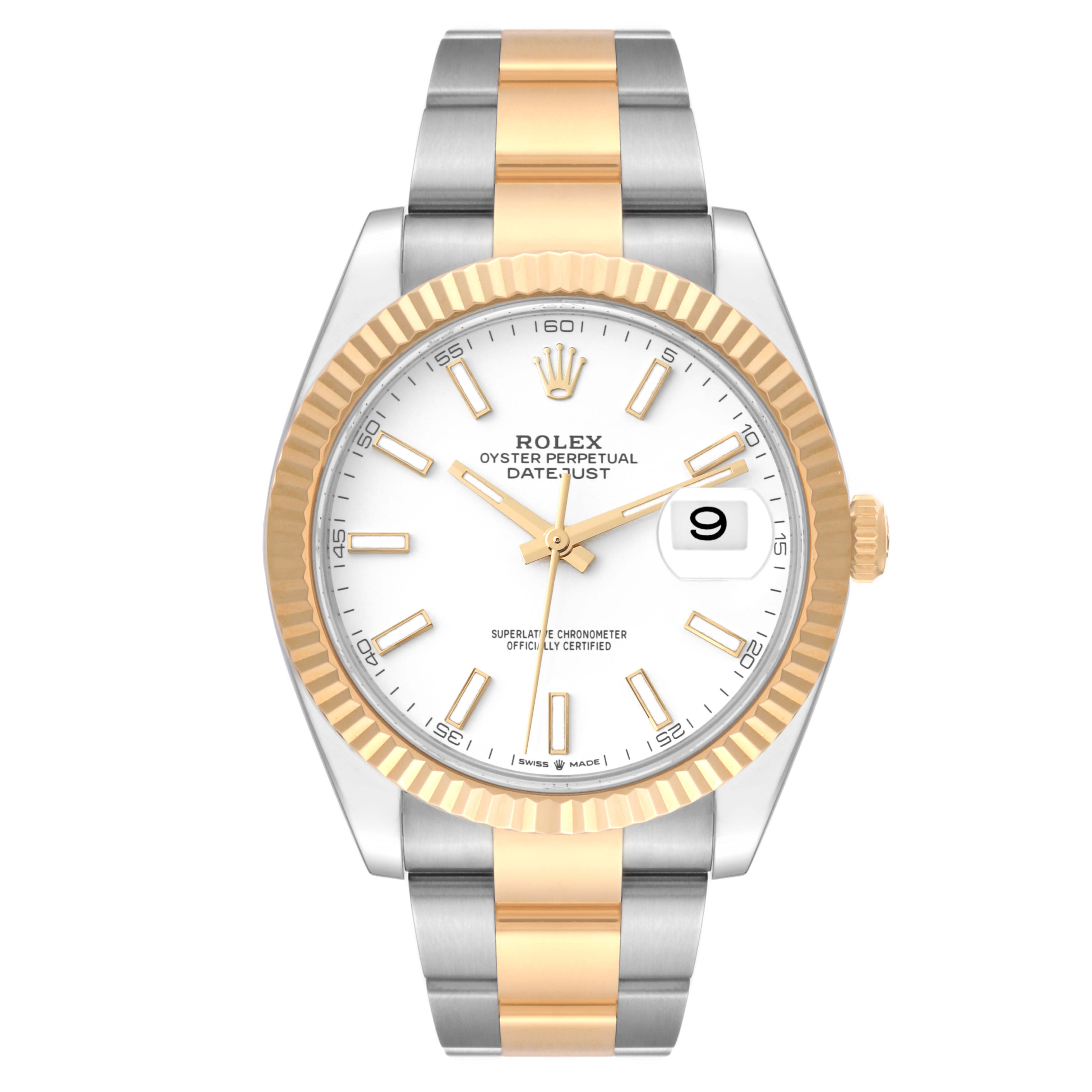 The image shows a Rolex Datejust 41 126333 Men's Steel and Gold (two tone) White Dial 126333 Men's Steel and Gold (two tone) White Dial watch from a front view, highlighting its dial, bezel, and two-tone bracelet.