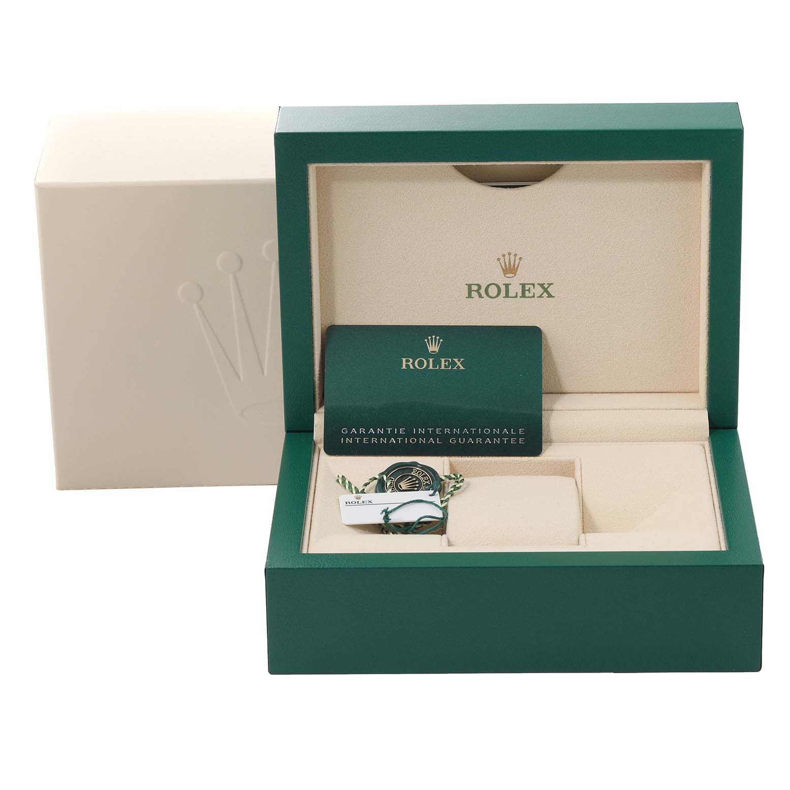 The image shows an open green box for a Rolex Datejust 41 126333 Men's Steel and Gold (two tone) White Dial 126333 Men's Steel and Gold (two tone) White Dial watch, revealing compartments and a guarantee card.