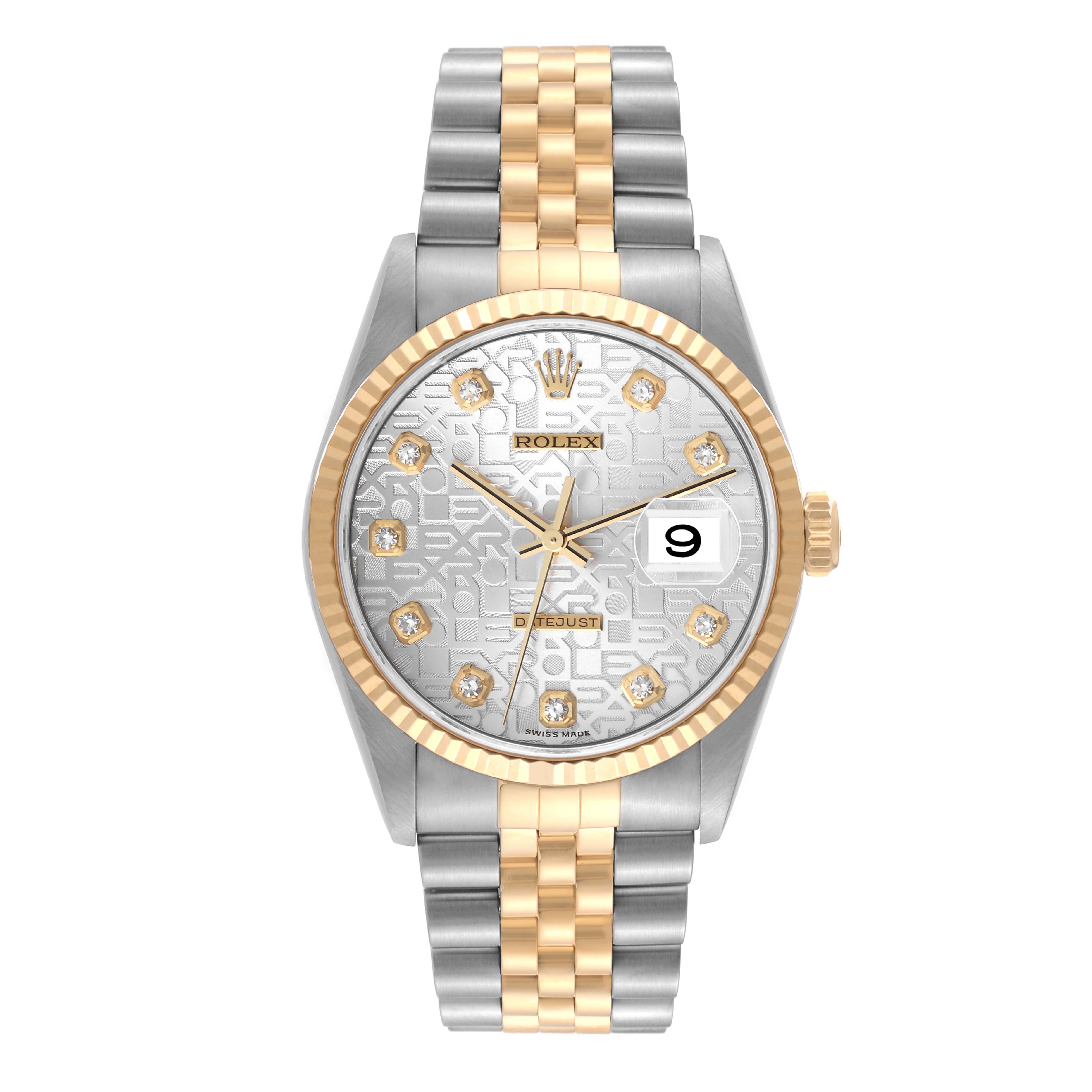 The Rolex Datejust 16233 Men's Steel and Gold (two tone) Silver Dial 16233 Men's Steel and Gold (two tone) Silver Dial model is shown from a front angle, showcasing its dial, bezel, crown, and two-tone bracelet.