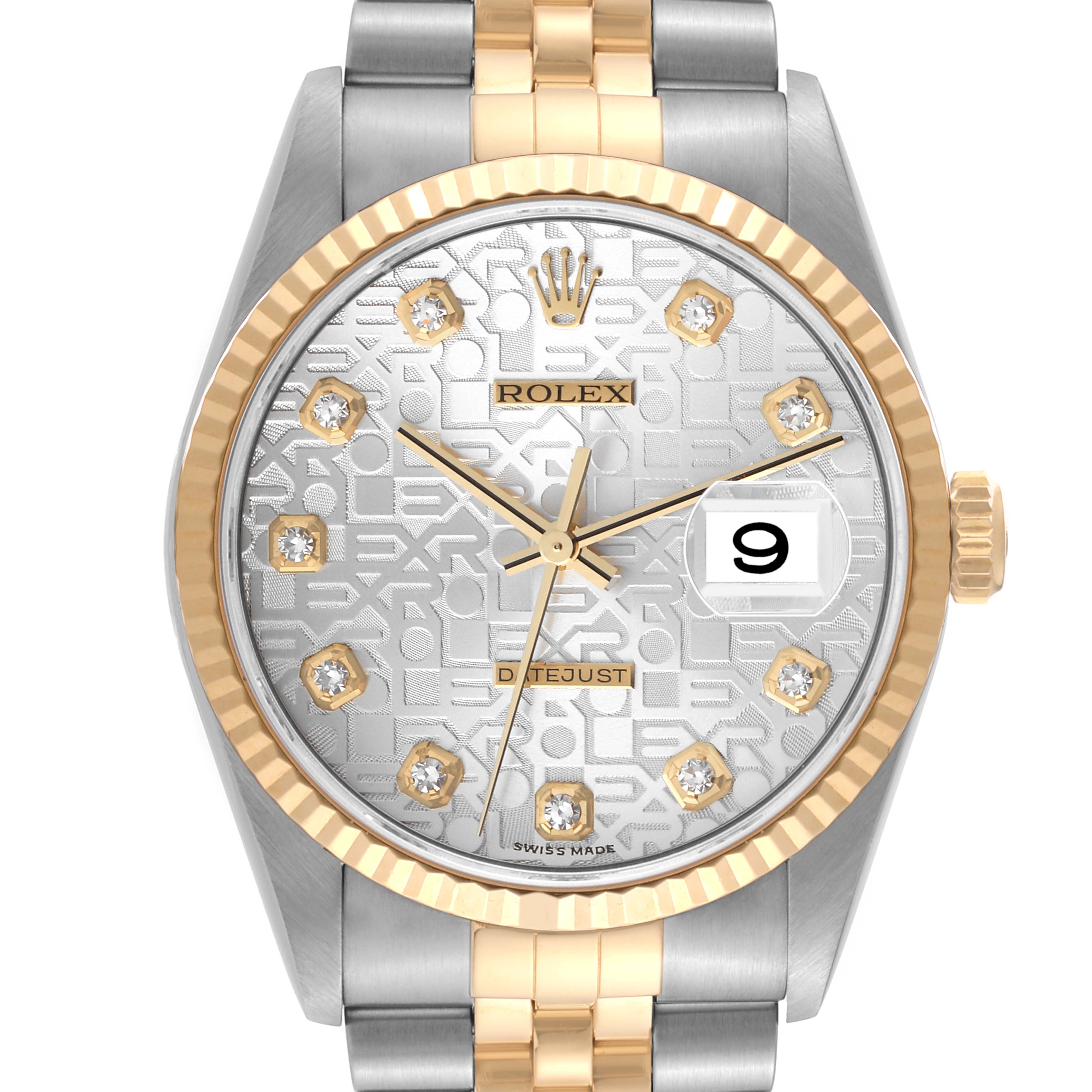 The Rolex Datejust 16233 Men's Steel and Gold (two tone) Silver Dial 16233 Men's Steel and Gold (two tone) Silver Dial watch is shown from the front, displaying its face, bezel, crown, and part of the bracelet.