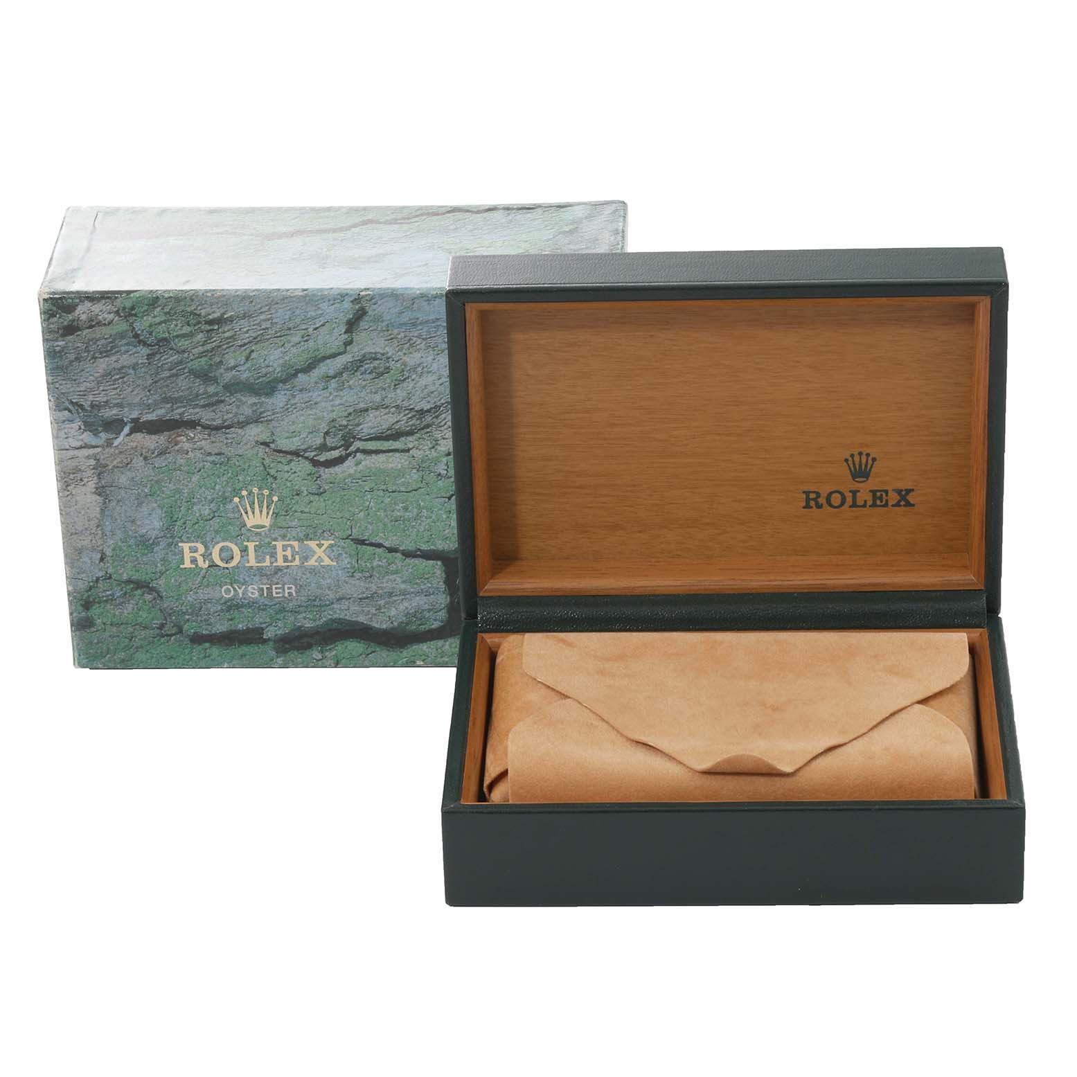 The image shows a Rolex Datejust 16233 Men's Steel and Gold (two tone) Silver Dial 16233 Men's Steel and Gold (two tone) Silver Dial watch box and outer packaging, with the box lid open and watch cushion wrapped in paper inside.