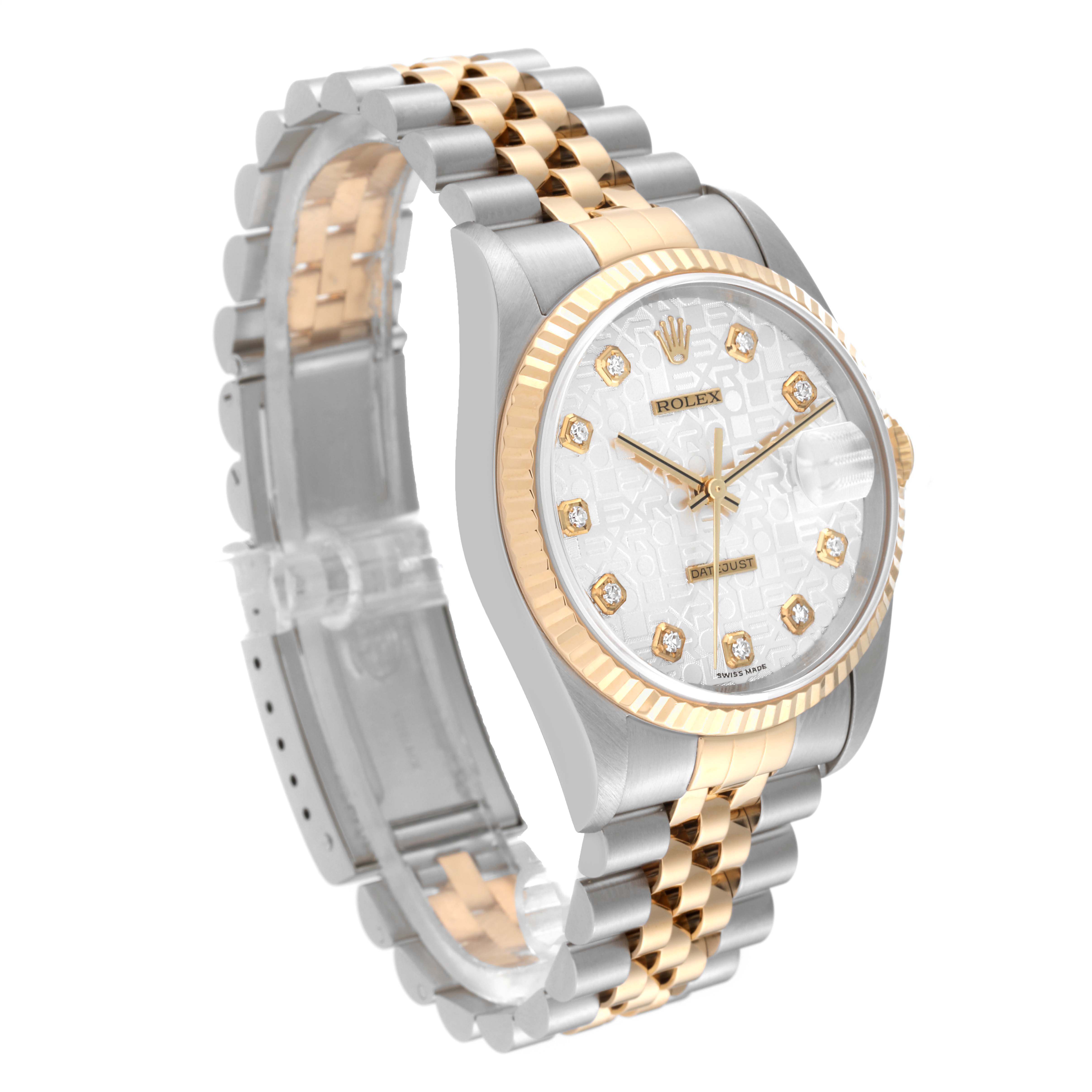 This Rolex Datejust 16233 Men's Steel and Gold (two tone) Silver Dial 16233 Men's Steel and Gold (two tone) Silver Dial watch is shown at a three-quarter angle, displaying its face, crown, and two-tone jubilee bracelet.