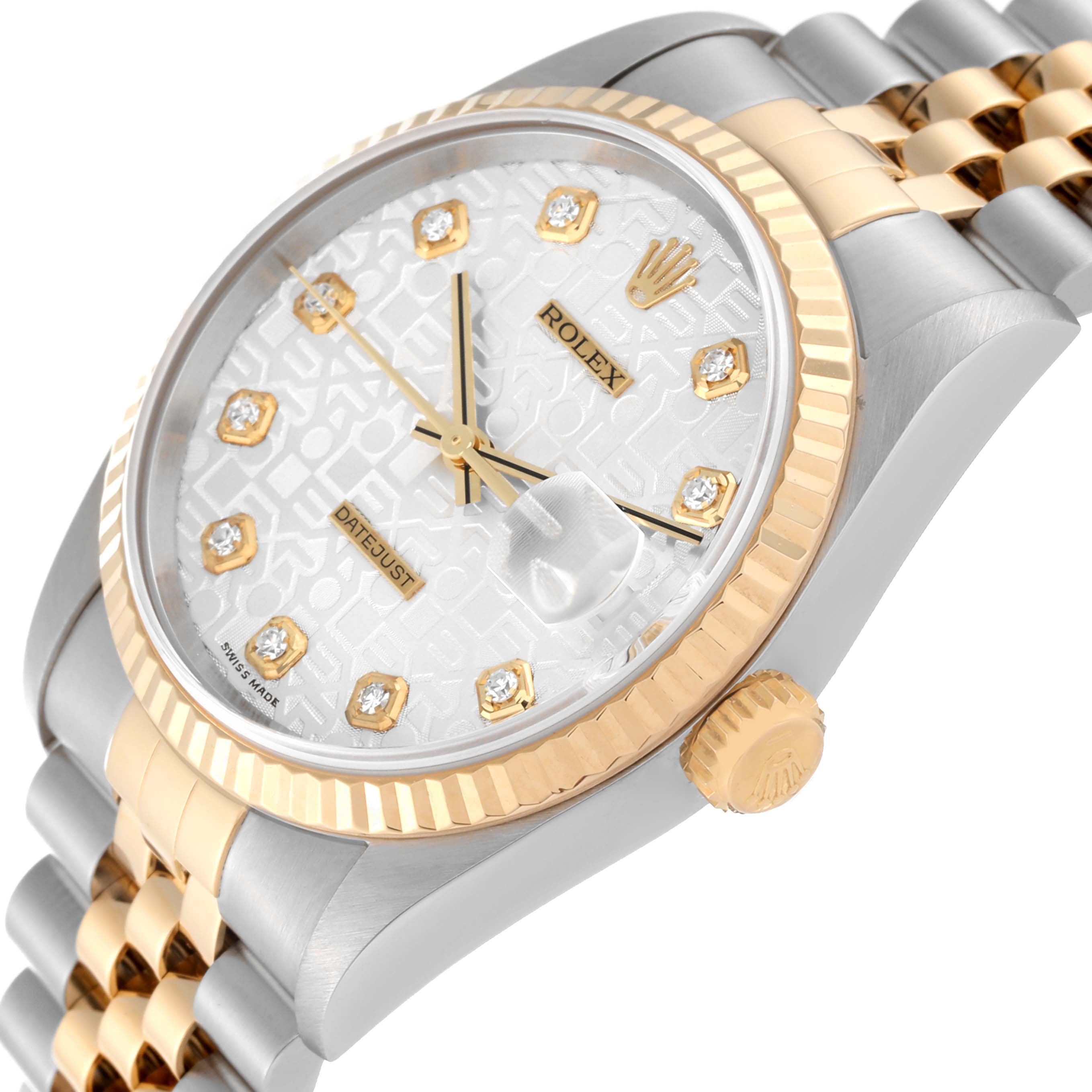 The image shows a side angle of a Rolex Datejust 16233 Men's Steel and Gold (two tone) Silver Dial 16233 Men's Steel and Gold (two tone) Silver Dial watch highlighting the dial, crown, and two-tone bracelet.