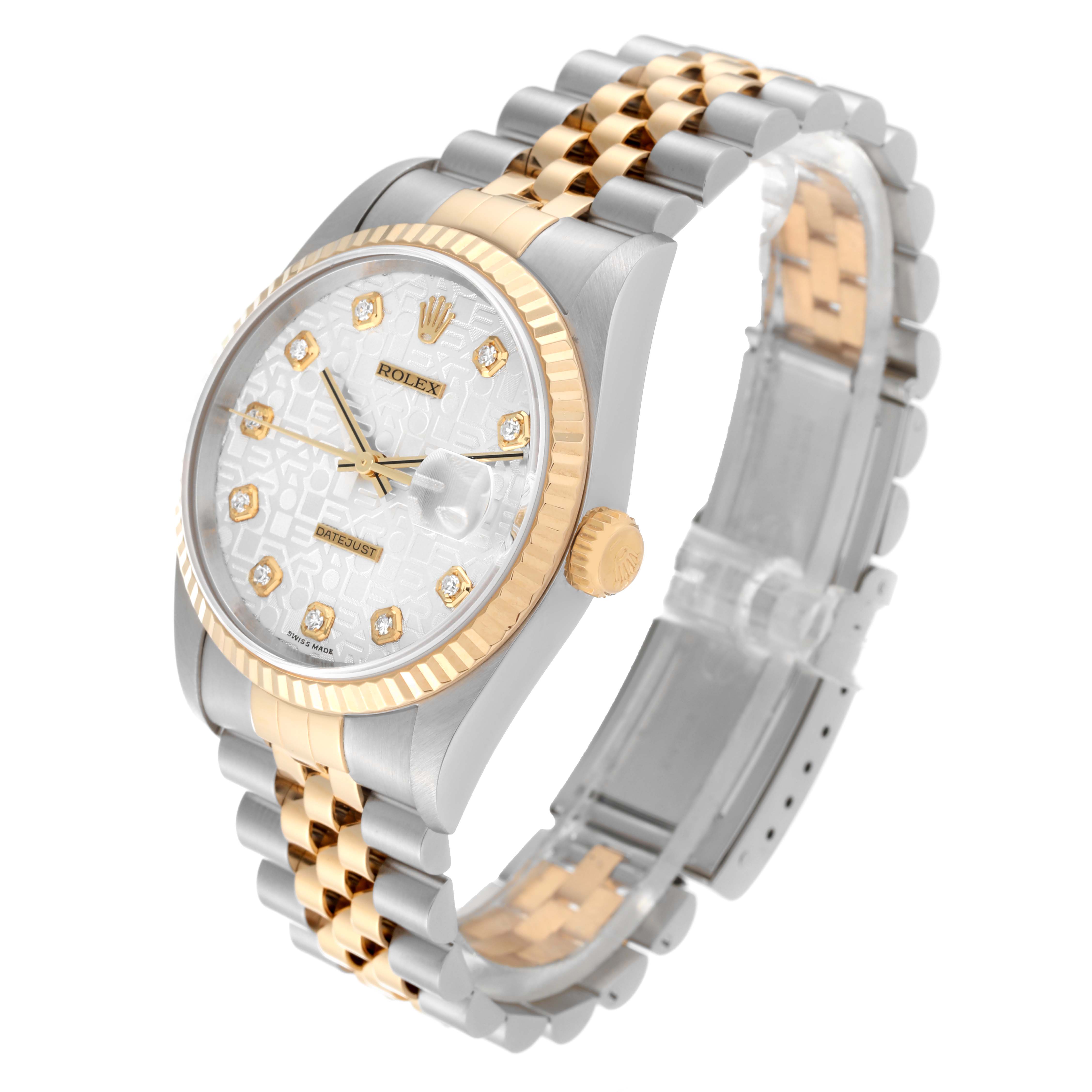 The Rolex Datejust 16233 Men's Steel and Gold (two tone) Silver Dial 16233 Men's Steel and Gold (two tone) Silver Dial watch is shown at a 3/4 angle, displaying the dial, bezel, crown, and part of the bracelet.