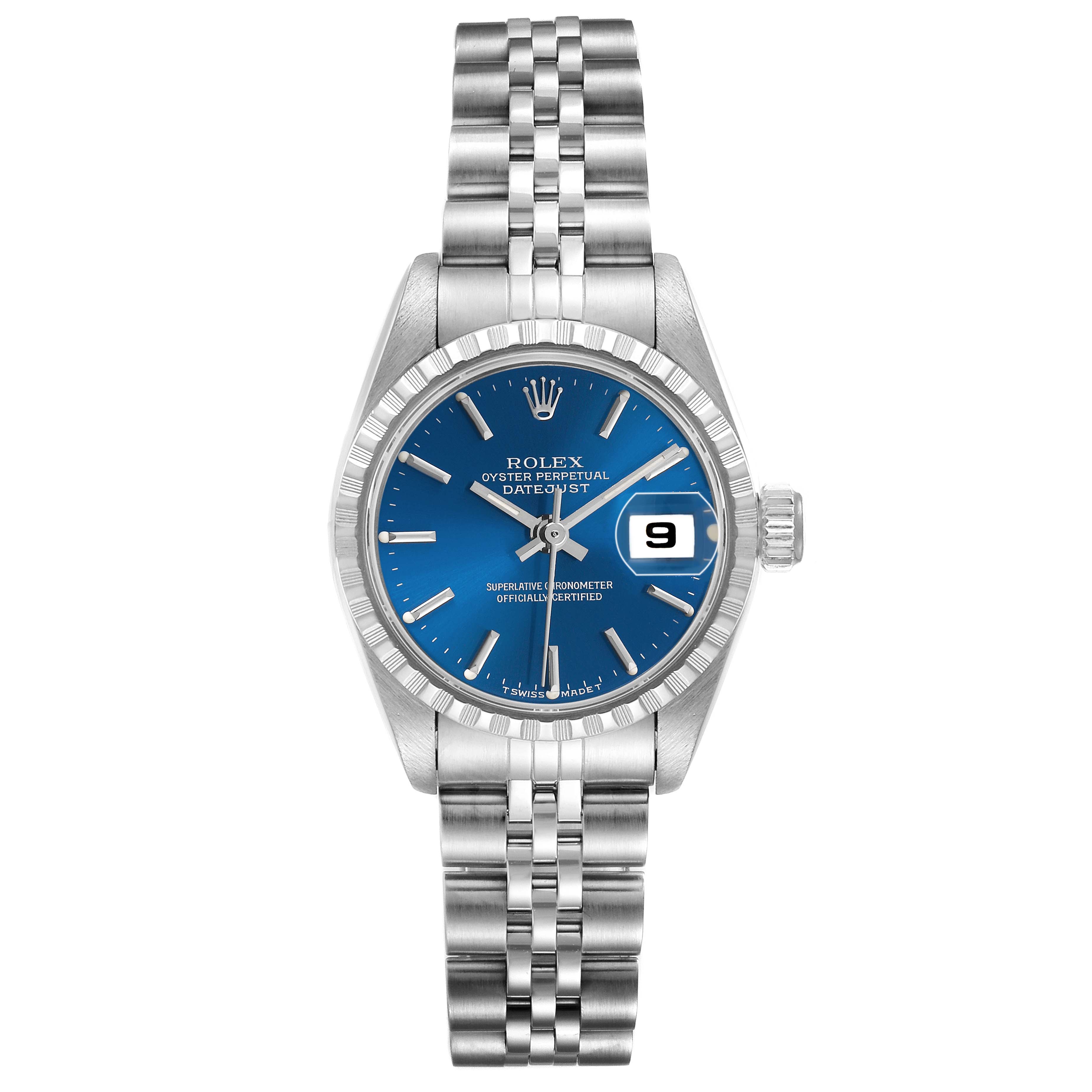 The Rolex Datejust 69240 Men's Stainless Steel Blue Dial watch is shown from a top view, featuring a blue dial, fluted bezel, and jubilee bracelet.