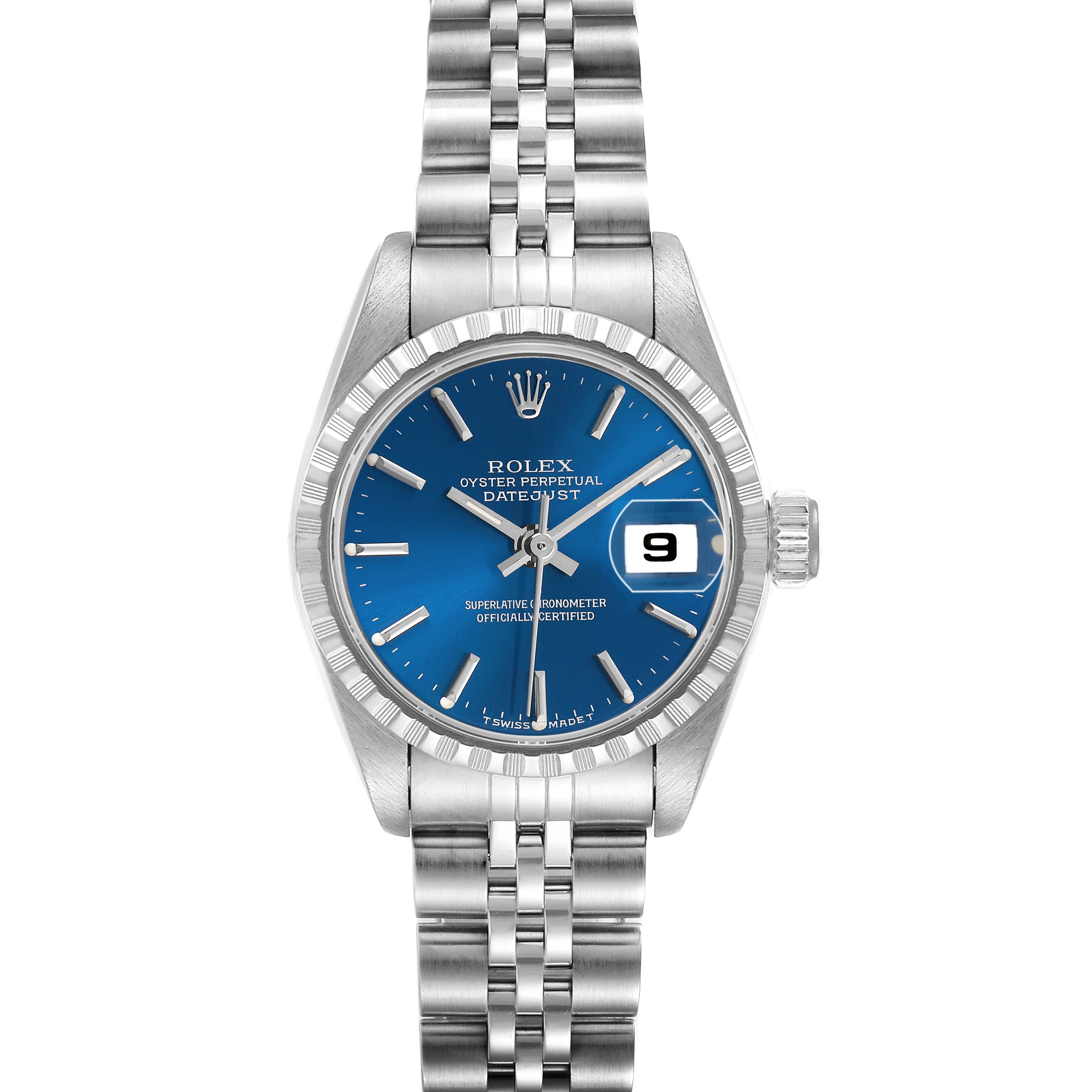 The image shows a Rolex Datejust 69240 Men's Stainless Steel Blue Dial watch from the front, highlighting the blue dial, jubilee bracelet, and date window.