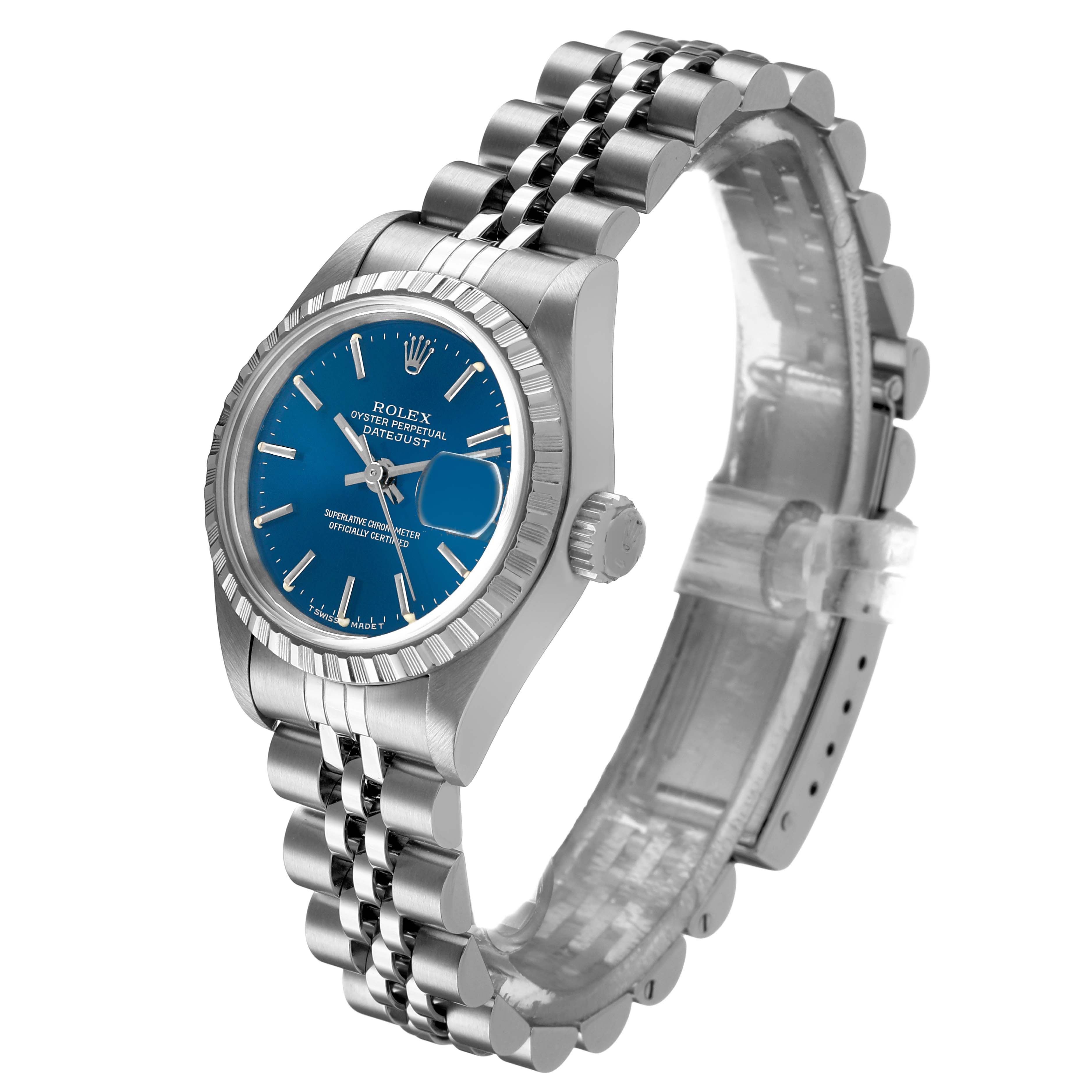 The Rolex Datejust 69240 Men's Stainless Steel Blue Dial watch is shown at a three-quarter angle highlighting its blue dial, bezel, crown, and Jubilee bracelet.