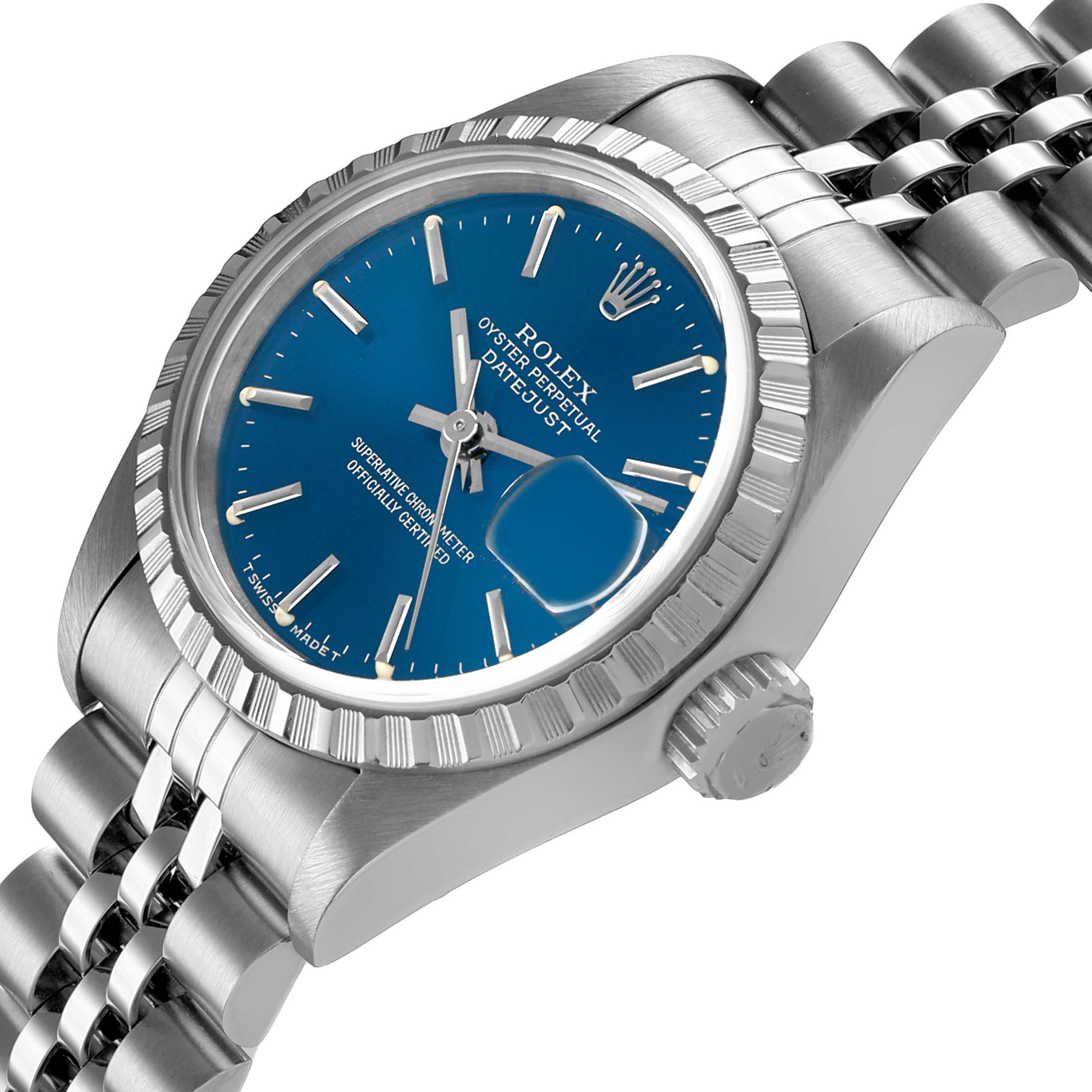 The Rolex Datejust 69240 Men's Stainless Steel Blue Dial watch is shown at an angled view highlighting the bezel, dial, crown, and part of the bracelet.