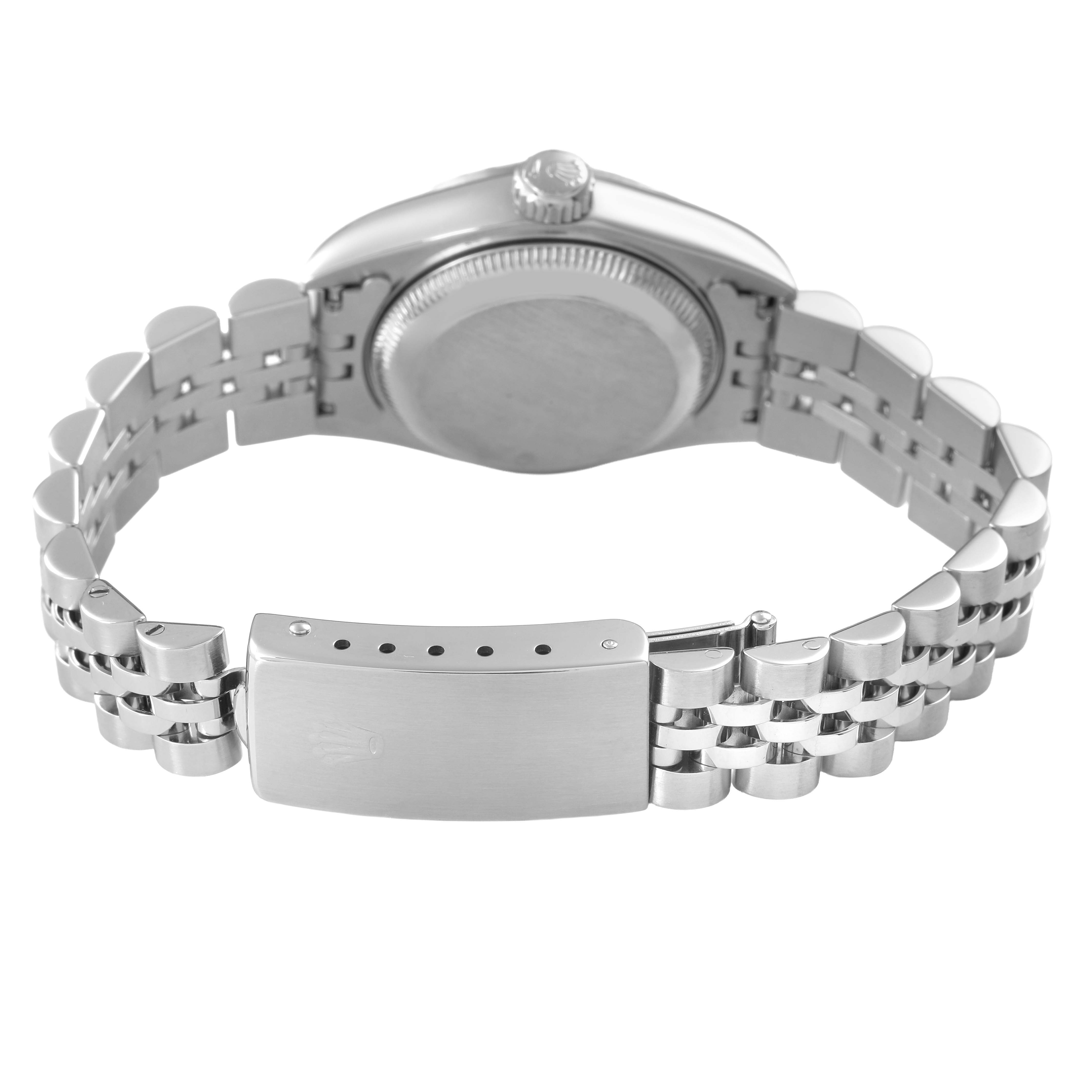 The image shows the back and clasp of a Rolex Datejust 69240 Men's Stainless Steel Blue Dial watch, highlighting the bracelet and closed caseback.