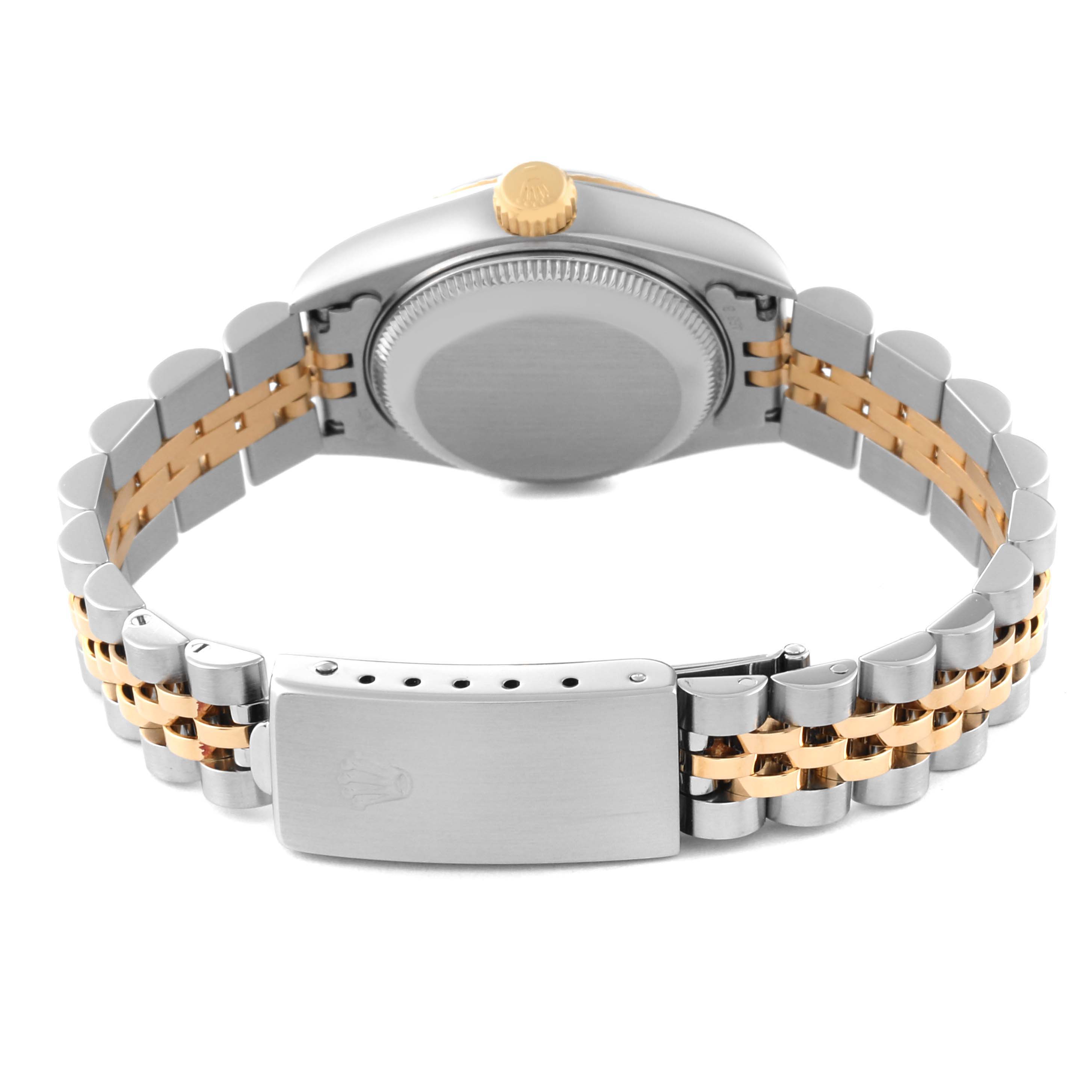 This image shows the back and clasp of a Rolex Datejust 69173 Women's Steel and Gold (two tone) Blue Dial 69173 Women's Steel and Gold (two tone) Blue Dial watch, highlighting its two-tone metal bracelet and case back.