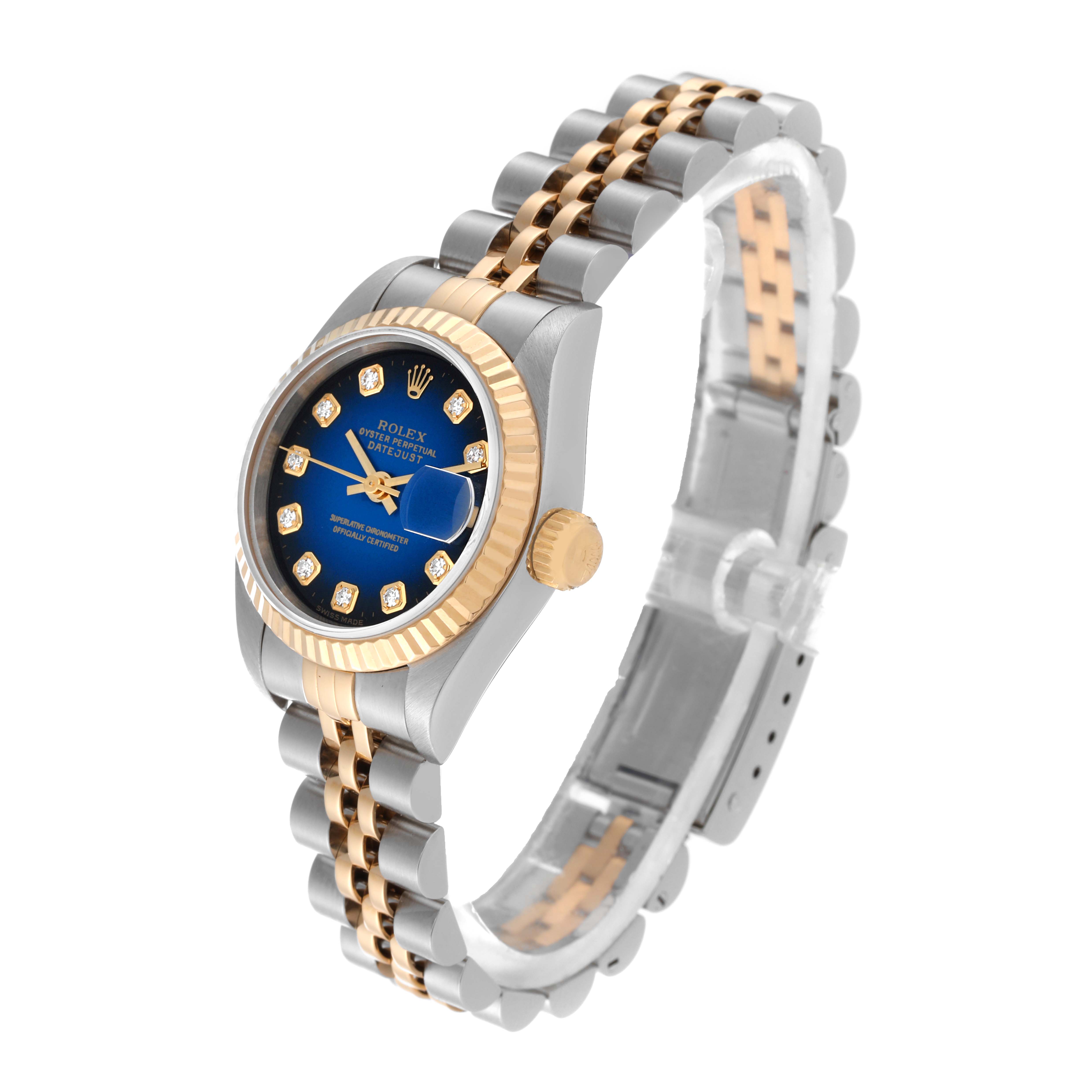 This image shows a Rolex Datejust 69173 Women's Steel and Gold (two tone) Blue Dial 69173 Women's Steel and Gold (two tone) Blue Dial watch at an angled front view, highlighting its face, bezel, crown, and bracelet.