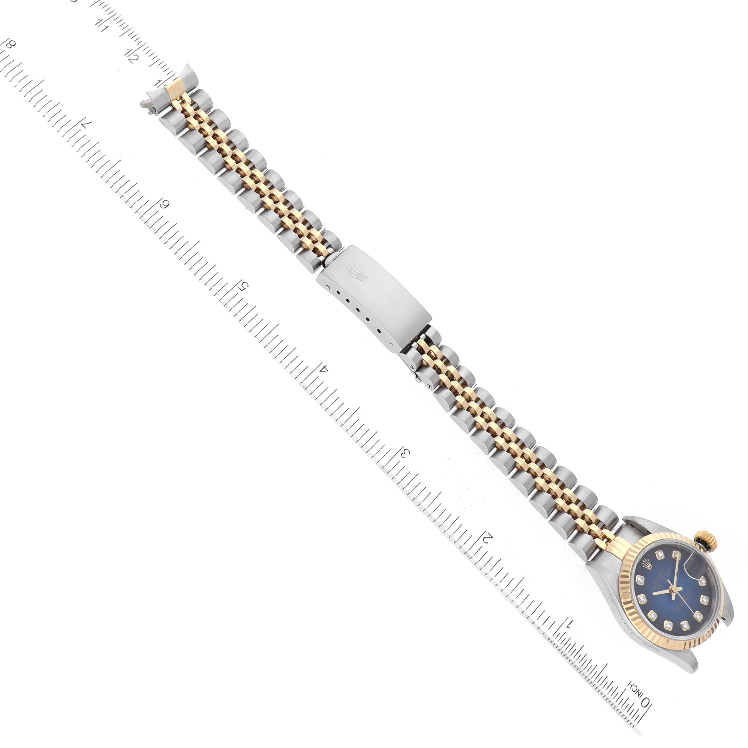 The image shows a side view of a Rolex Datejust 69173 Women's Steel and Gold (two tone) Blue Dial 69173 Women's Steel and Gold (two tone) Blue Dial model watch, displaying its bracelet and clasp.