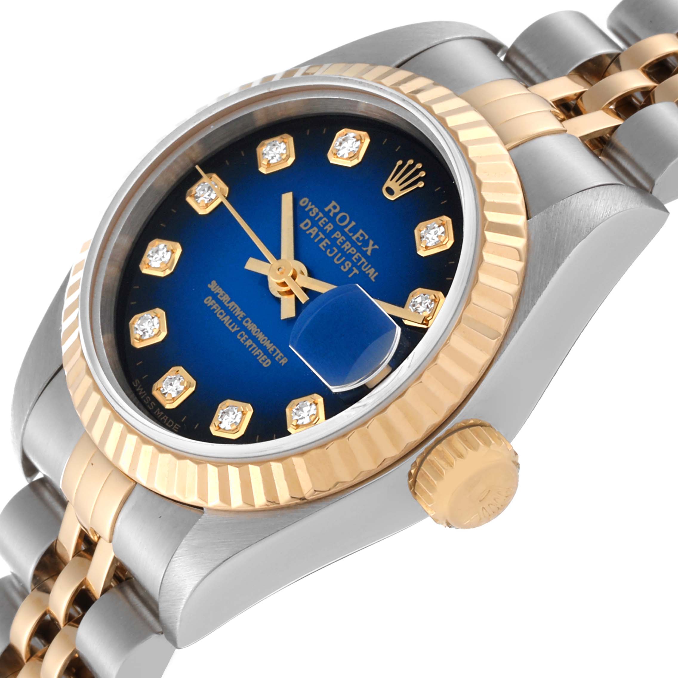The image shows a Rolex Datejust 69173 Women's Steel and Gold (two tone) Blue Dial 69173 Women's Steel and Gold (two tone) Blue Dial watch from an angled top view, highlighting the dial, bezel, crown, and part of the bracelet.