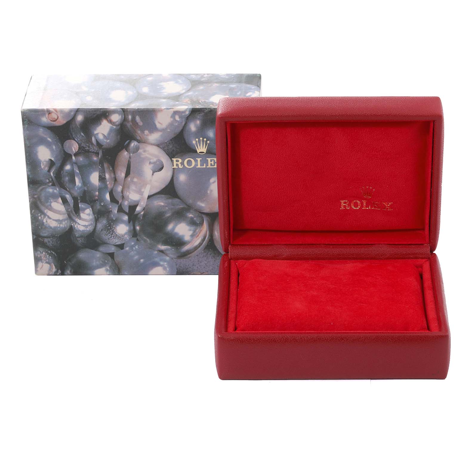 The image shows the packaging for a Rolex Datejust 69173 Women's Steel and Gold (two tone) Blue Dial 69173 Women's Steel and Gold (two tone) Blue Dial model, including an outer decorative box and a red interior watch box.