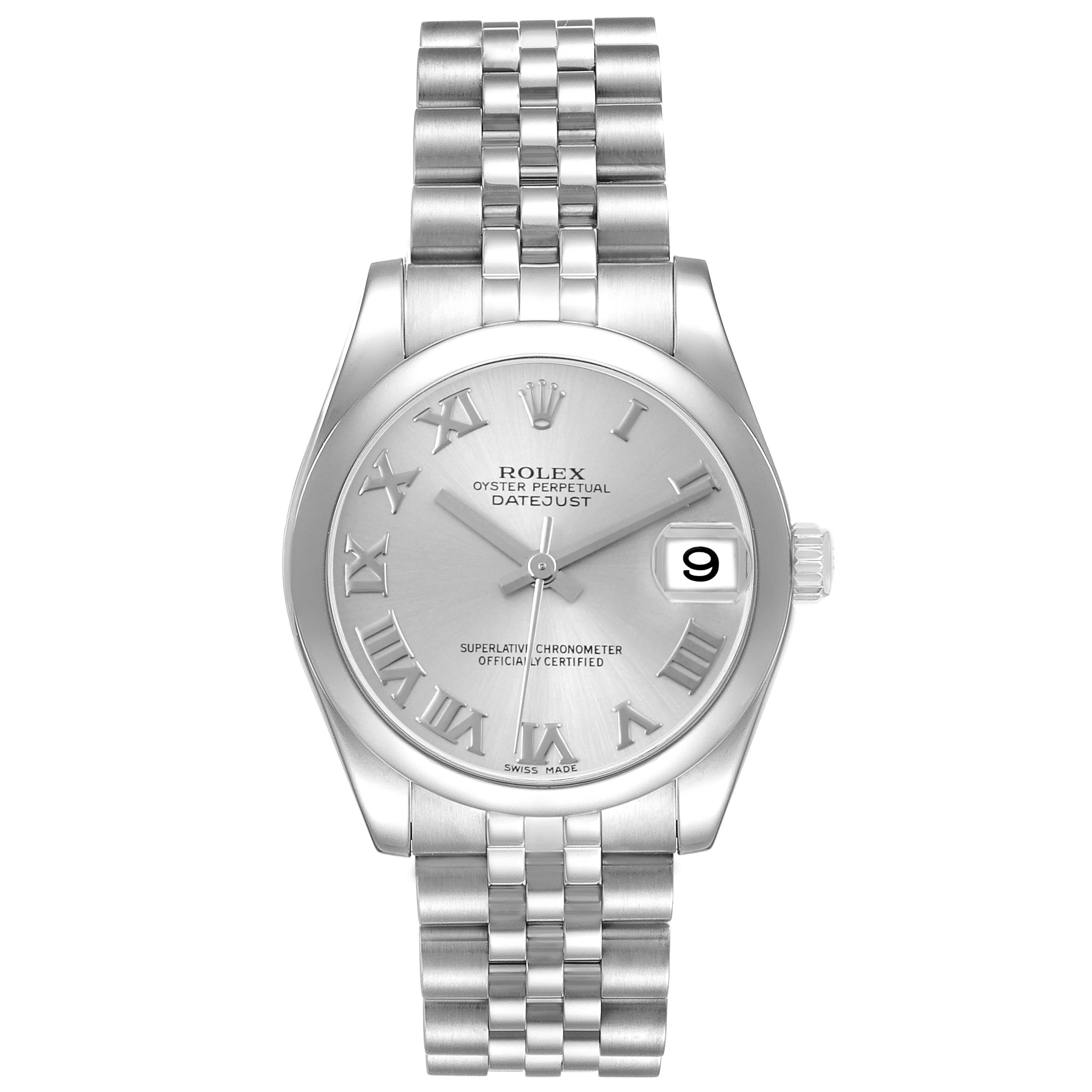 The Rolex Datejust 178240 Women's Stainless Steel Grey Dial watch is shown from a top-down angle, highlighting the dial, bezel, and Jubilee bracelet.