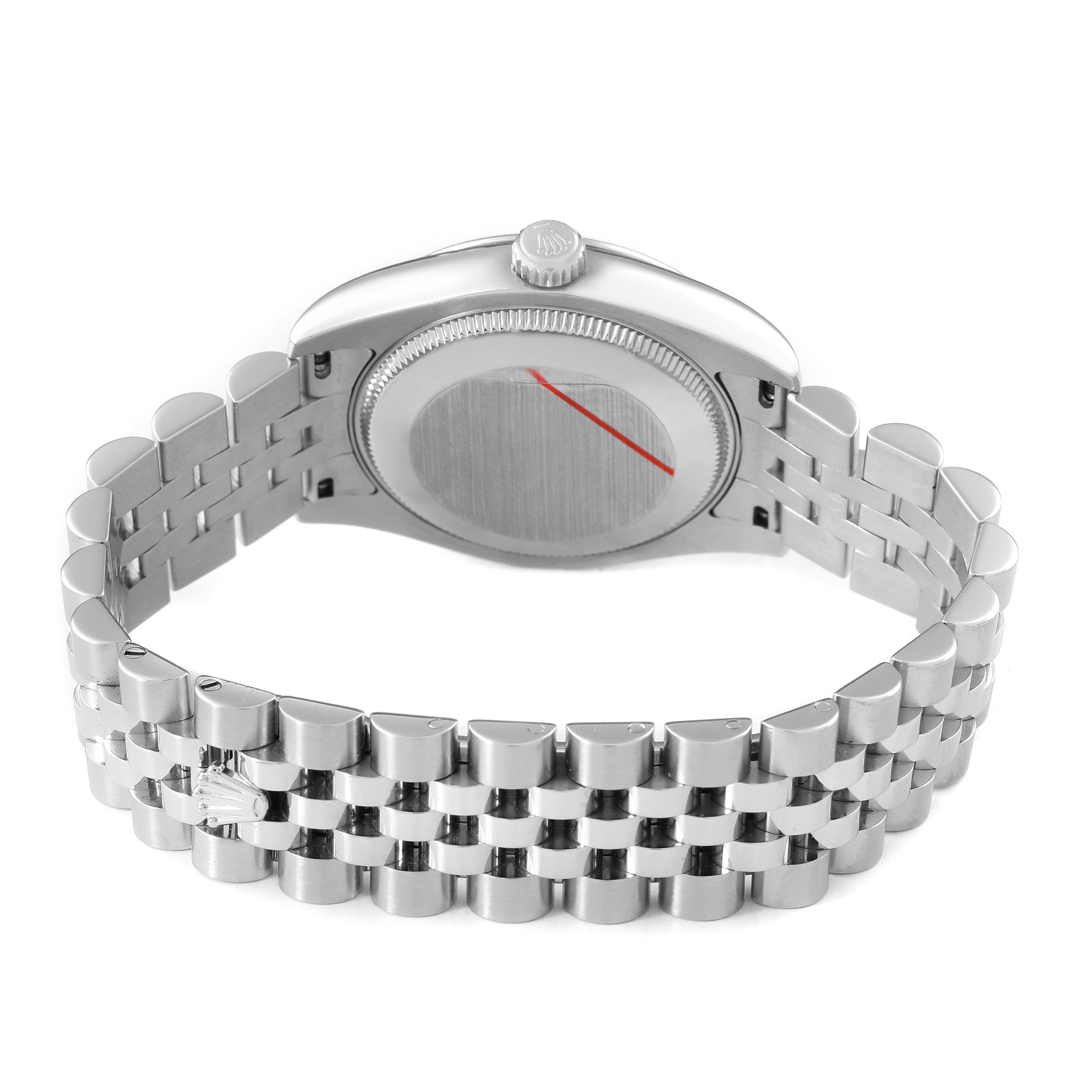 The image shows the back and bracelet of the Rolex Datejust 178240 Women's Stainless Steel Grey Dial watch, highlighting its clasp and case back.