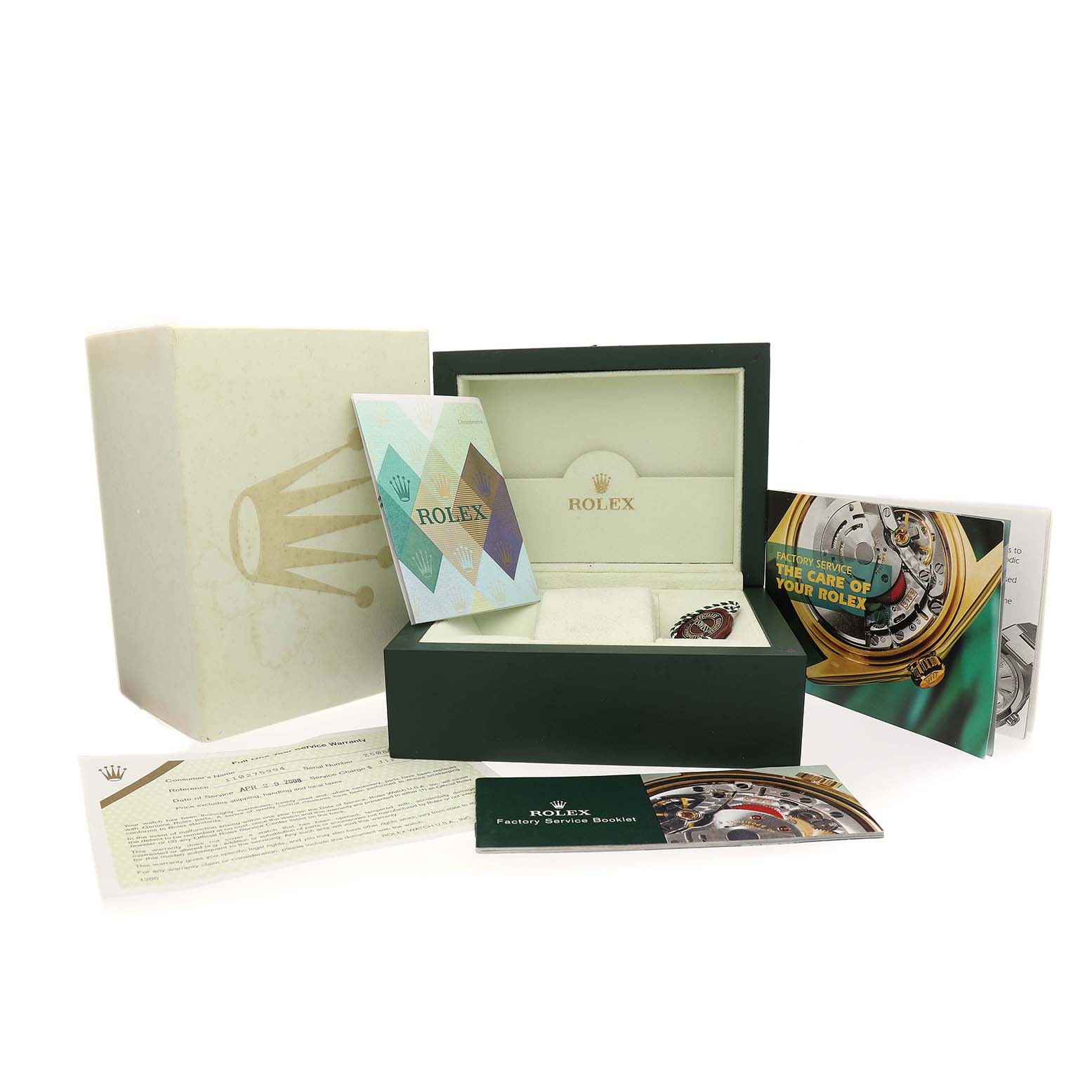 The image shows Rolex Datejust 178240 Women's Stainless Steel Grey Dial packaging, open box, booklets, and documents from a front angle.