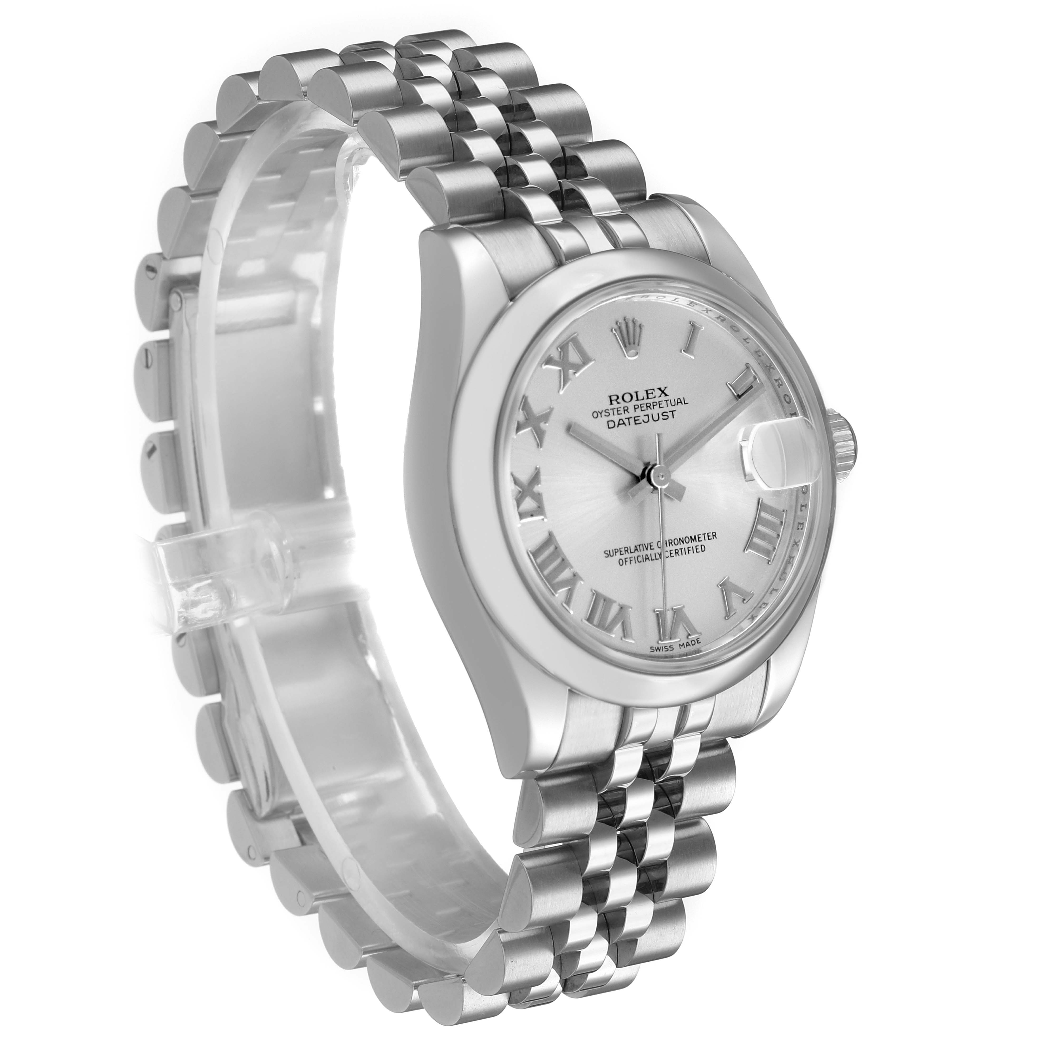 The Rolex Datejust 178240 Women's Stainless Steel Grey Dial watch is shown at a three-quarter angle, highlighting the bracelet, dial, and case.