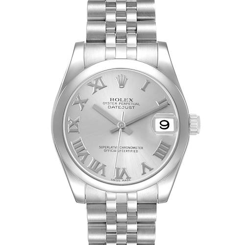The image shows a front view of a Rolex Datejust 178240 Women's Stainless Steel Grey Dial watch, highlighting the dial, bezel, crown, and bracelet.