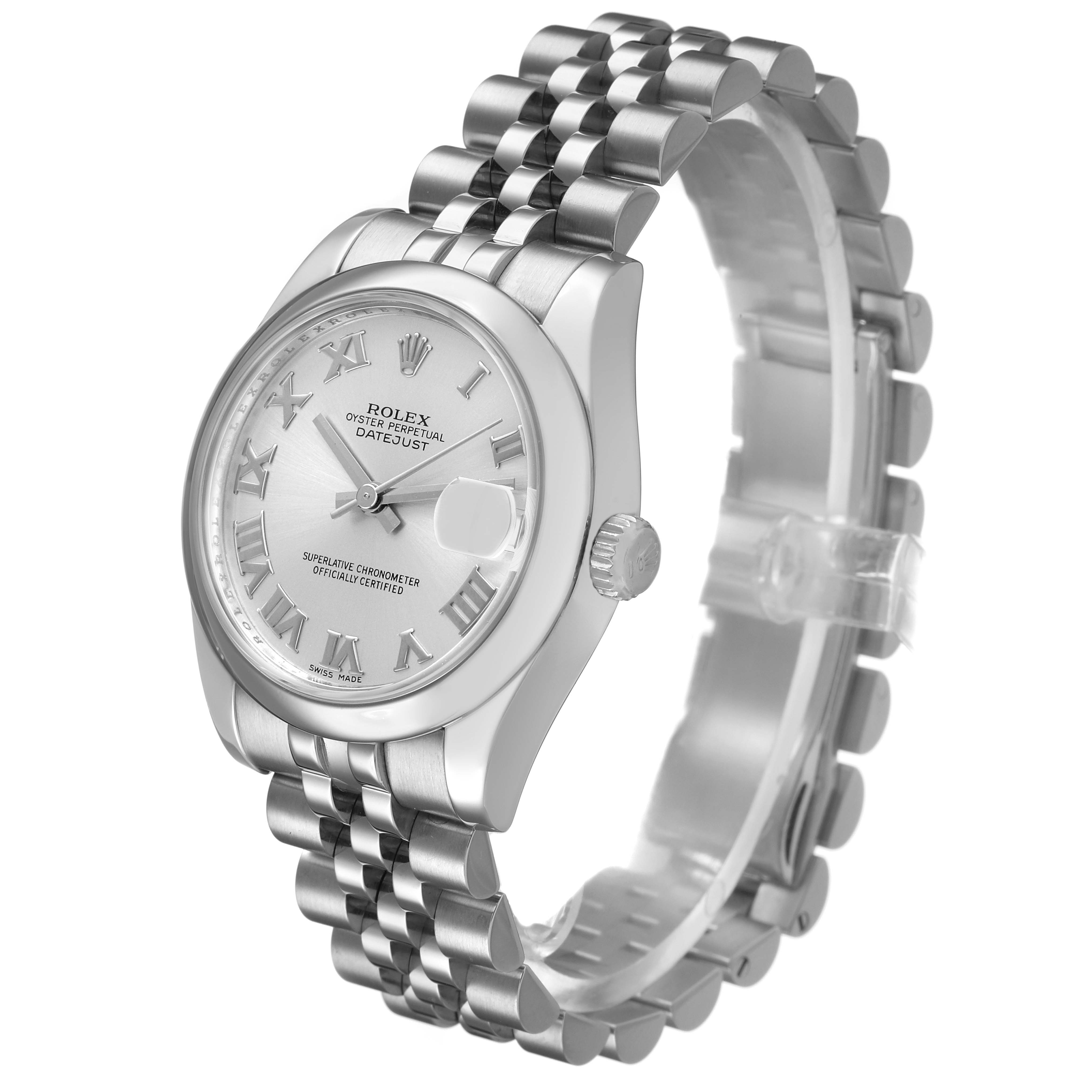 The image shows the Rolex Datejust 178240 Women's Stainless Steel Grey Dial from a three-quarter angle, highlighting the dial, bezel, bracelet, and crown.