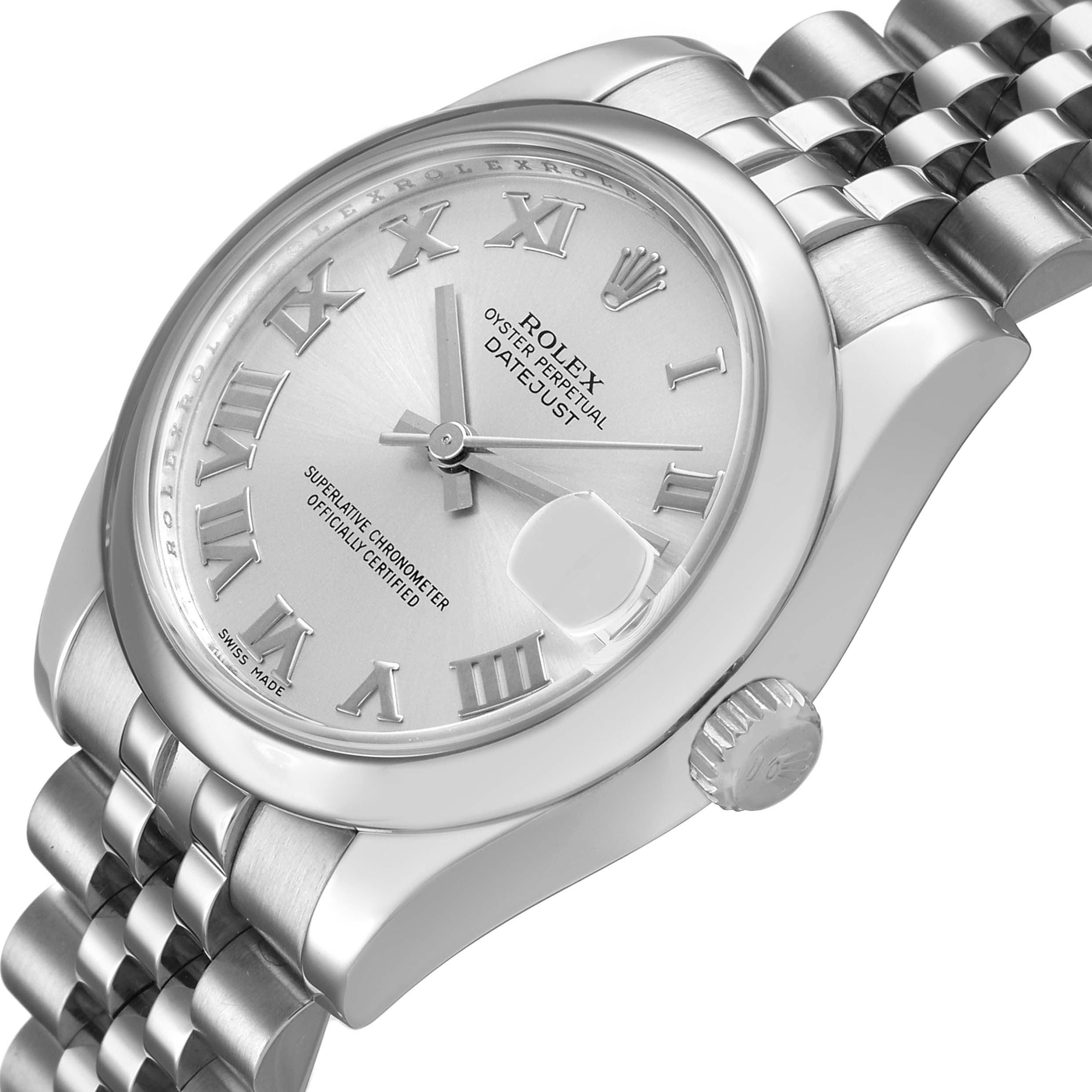 The Rolex Datejust 178240 Women's Stainless Steel Grey Dial watch is shown at an angled side view, highlighting the dial, bezel, crown, and jubilee bracelet.