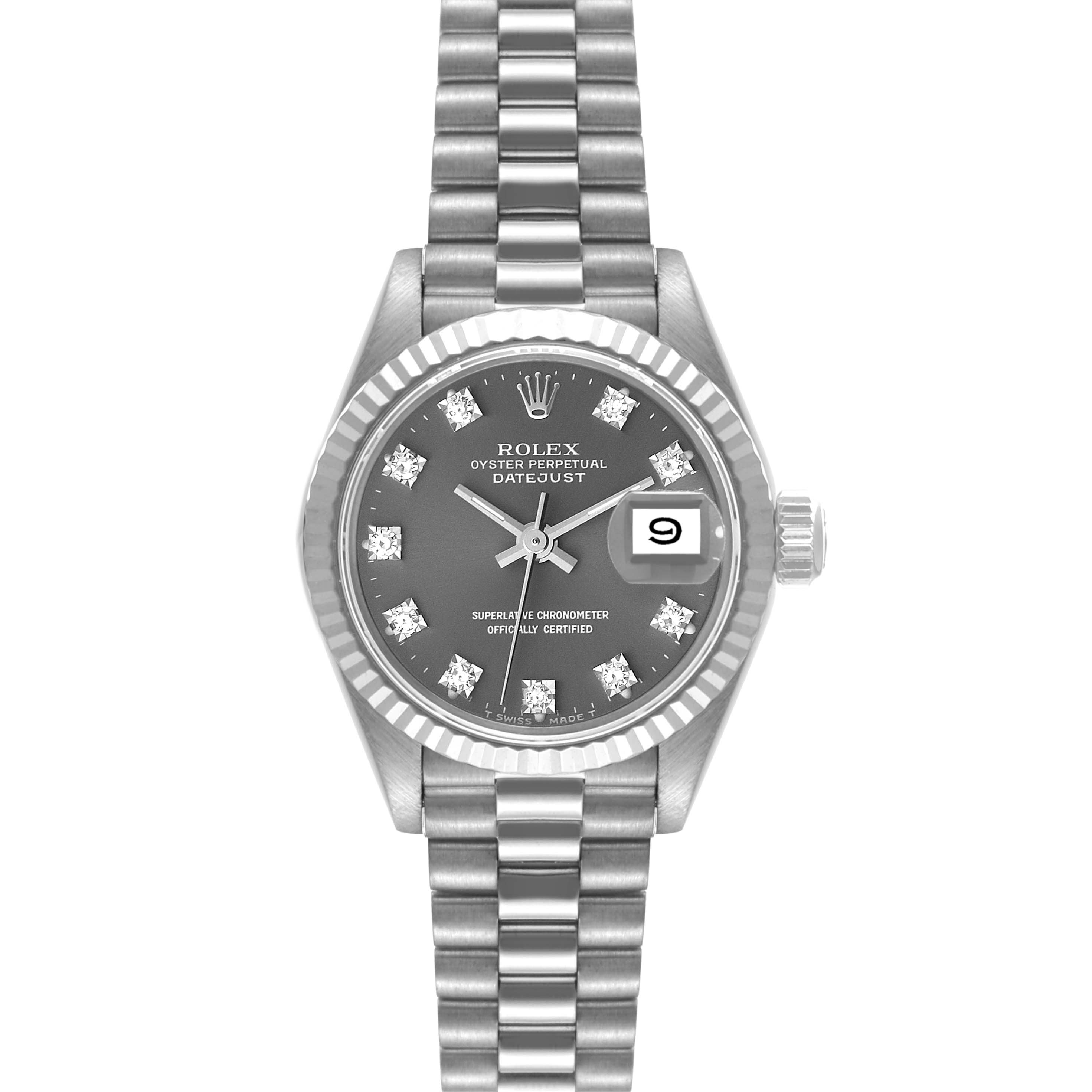 The image shows a Rolex President 69179 Women's White Gold Grey Dial 69179 Women's White Gold Grey Dial model watch from a top-down view, highlighting its bracelet, dial, bezel, and date display.