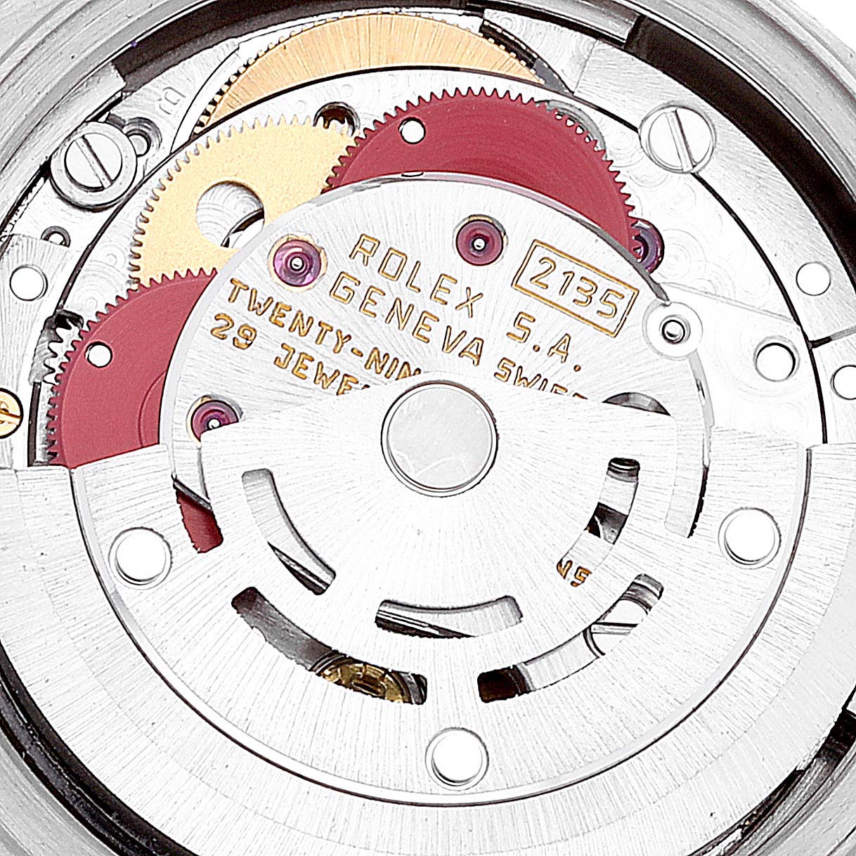 This image shows the intricate internal mechanics and gears of a Rolex President 69179 Women's White Gold Grey Dial 69179 Women's White Gold Grey Dial model watch.