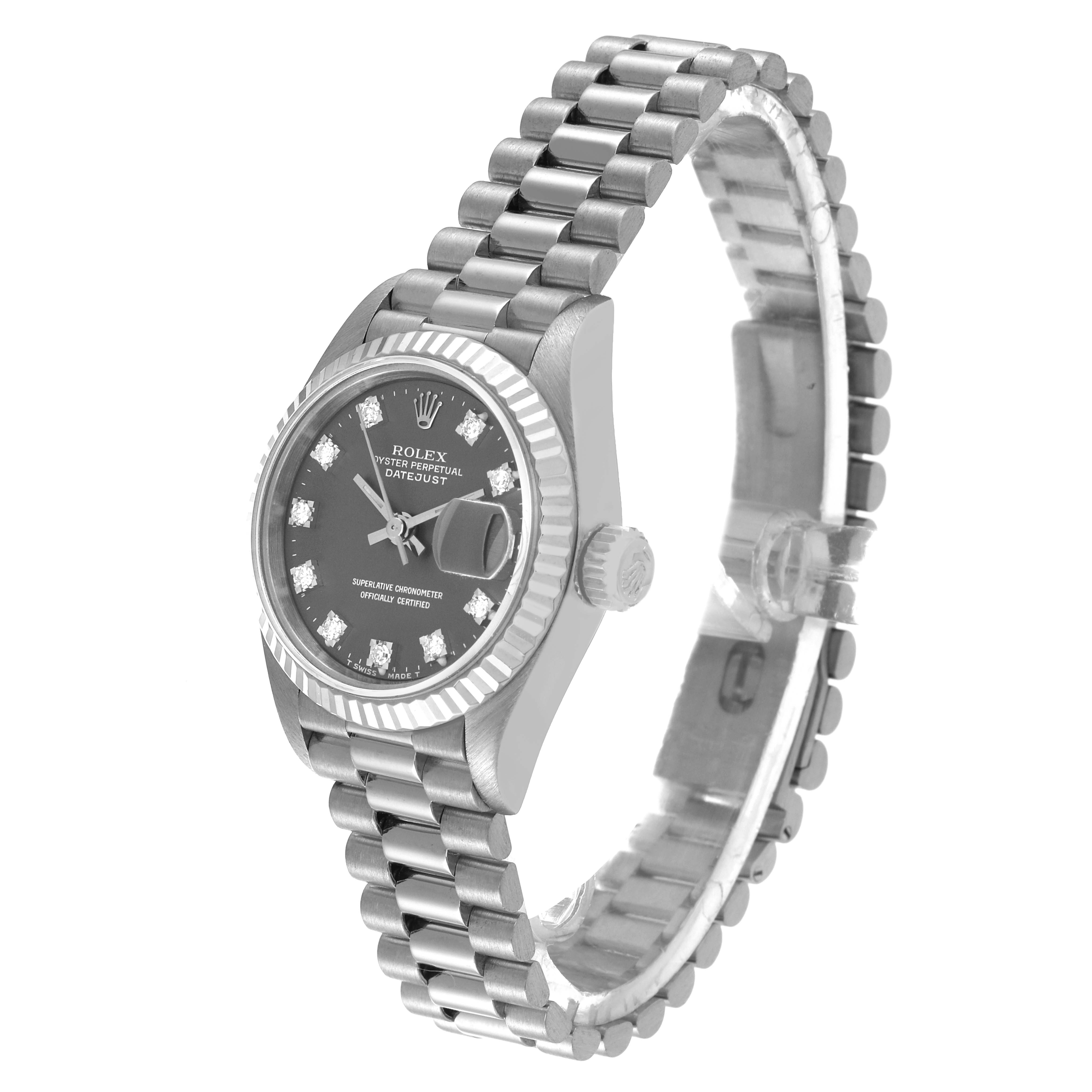 The Rolex President 69179 Women's White Gold Grey Dial 69179 Women's White Gold Grey Dial model watch is shown at a slight right-side angle, highlighting the face, bezel, bracelet, and crown.