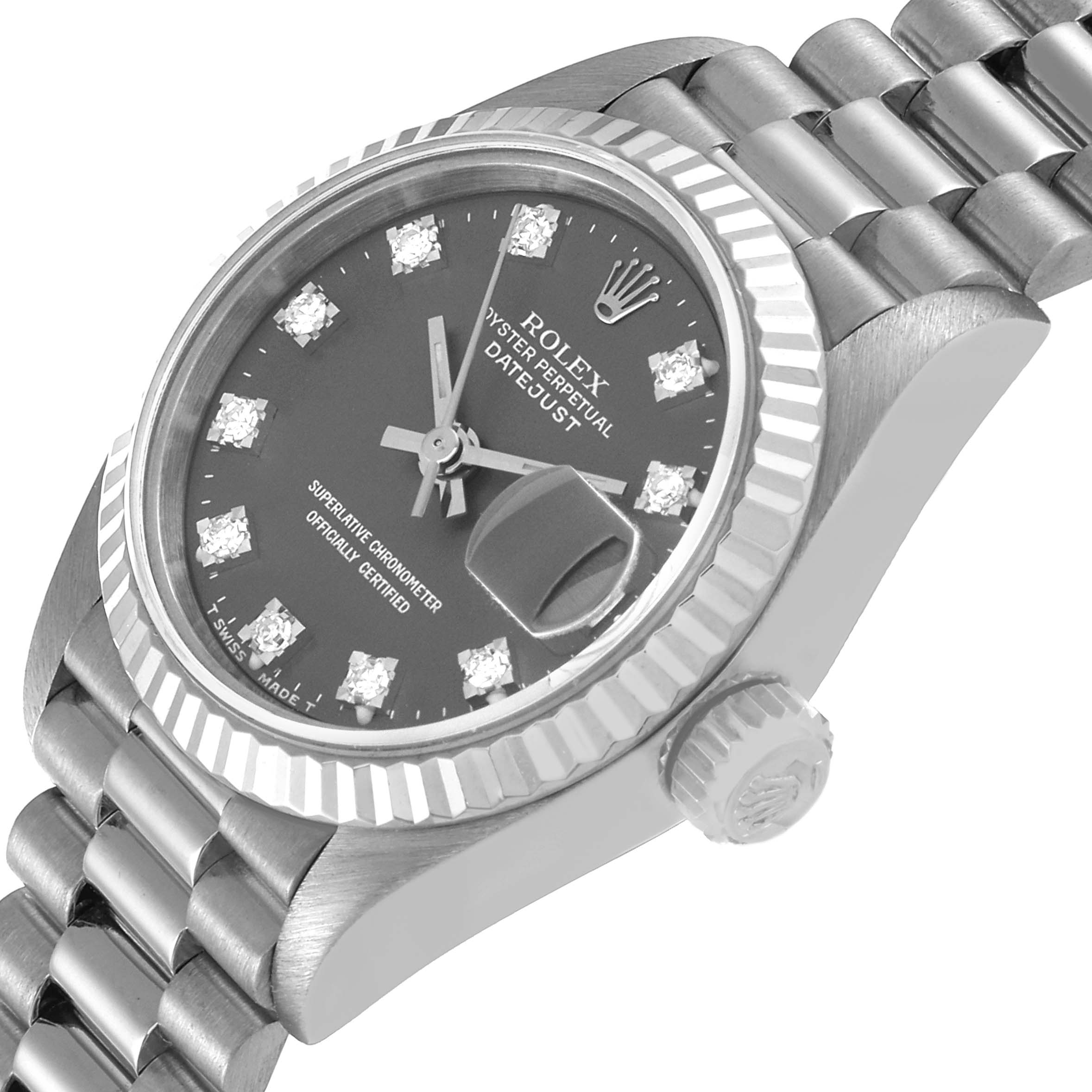 The image shows a close-up, angled view of the face and partial bracelet of a Rolex President 69179 Women's White Gold Grey Dial 69179 Women's White Gold Grey Dial model watch.