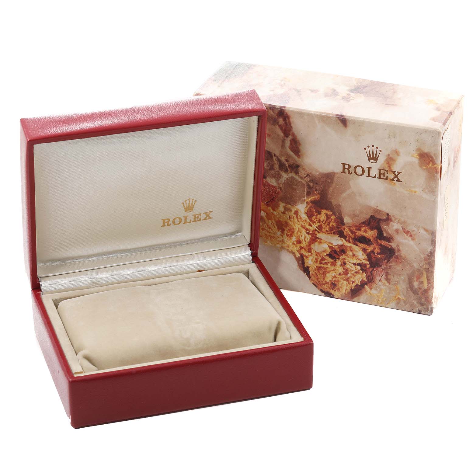 The image shows an open Rolex President 69179 Women's White Gold Grey Dial 69179 Women's White Gold Grey Dial model watch box and its decorative outer packaging from a front angle.