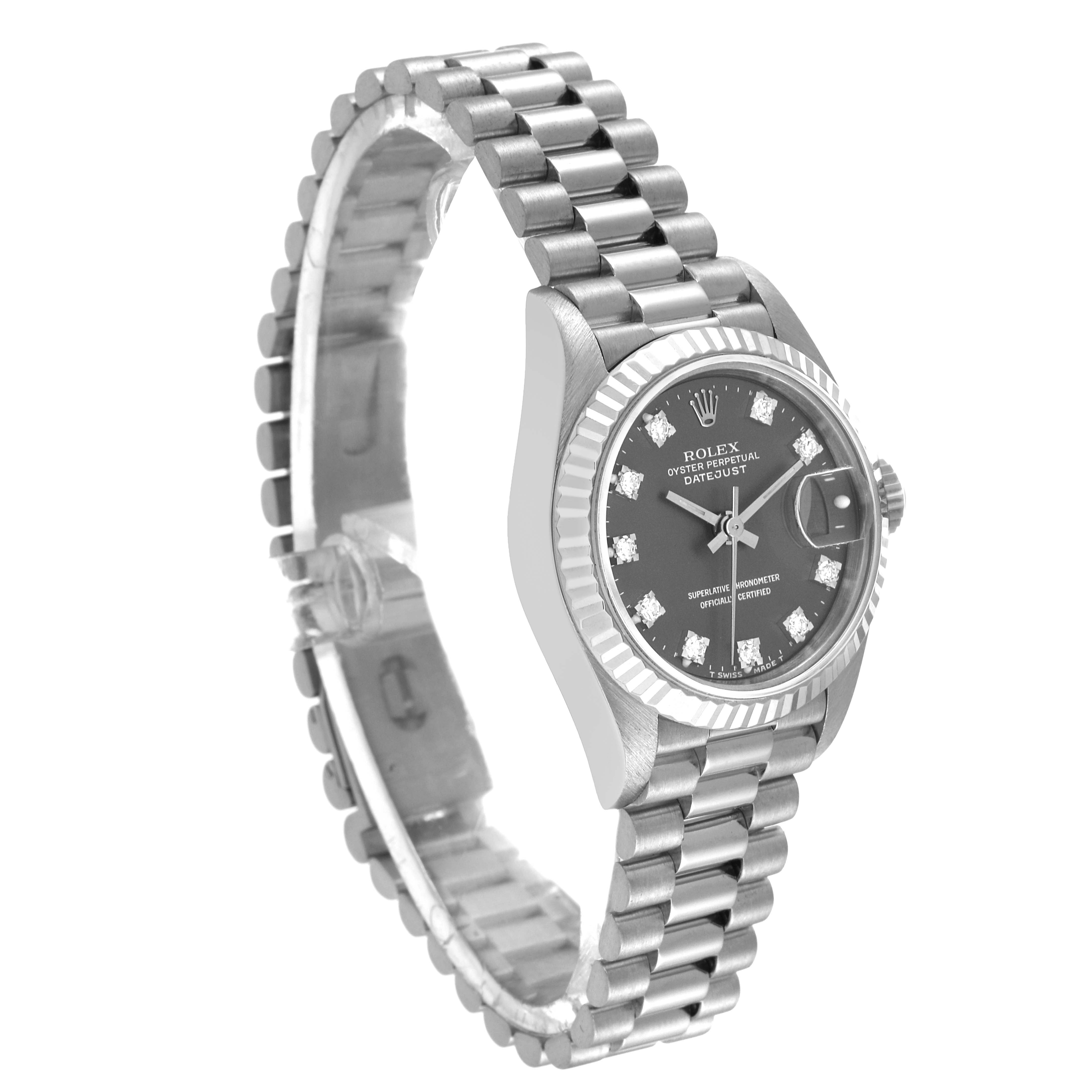 The image shows a side view of the Rolex President 69179 Women's White Gold Grey Dial 69179 Women's White Gold Grey Dial model watch, displaying the band, face, and case.