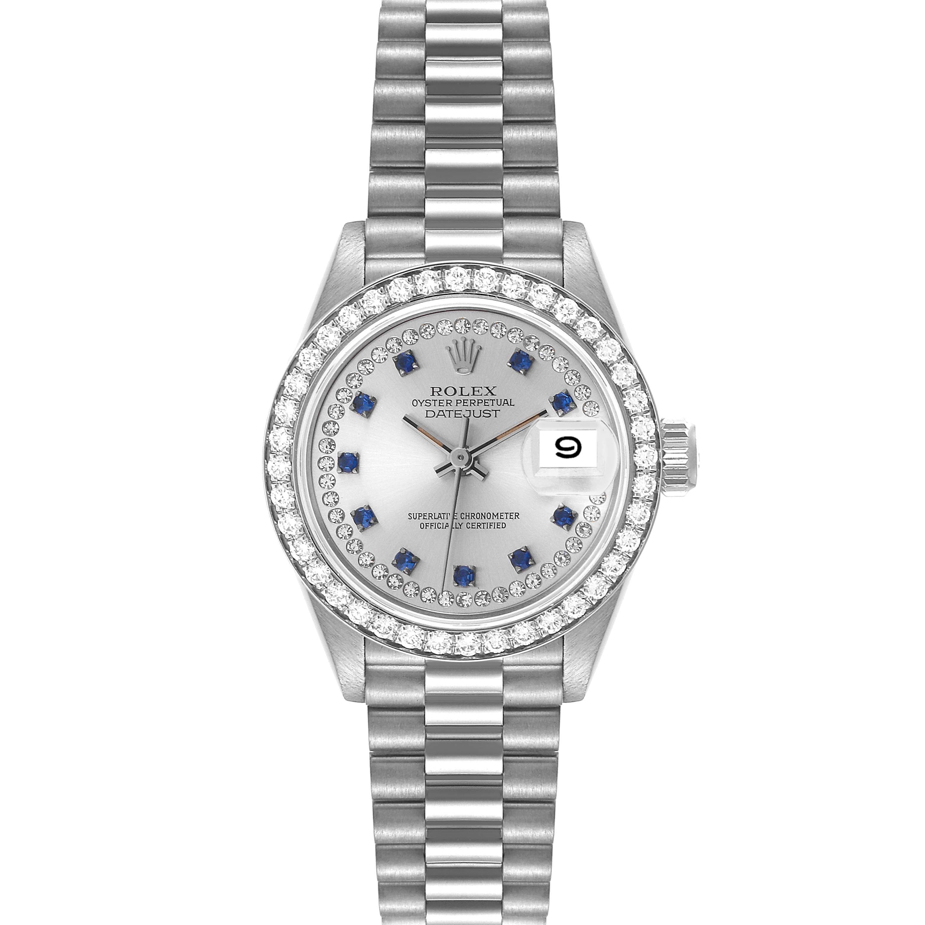 This is a front view of a Rolex President 69139 Women's White Gold Silver Dial 69139 Women's White Gold Silver Dial model watch, showcasing its dial, bezel, hands, date window, and bracelet.