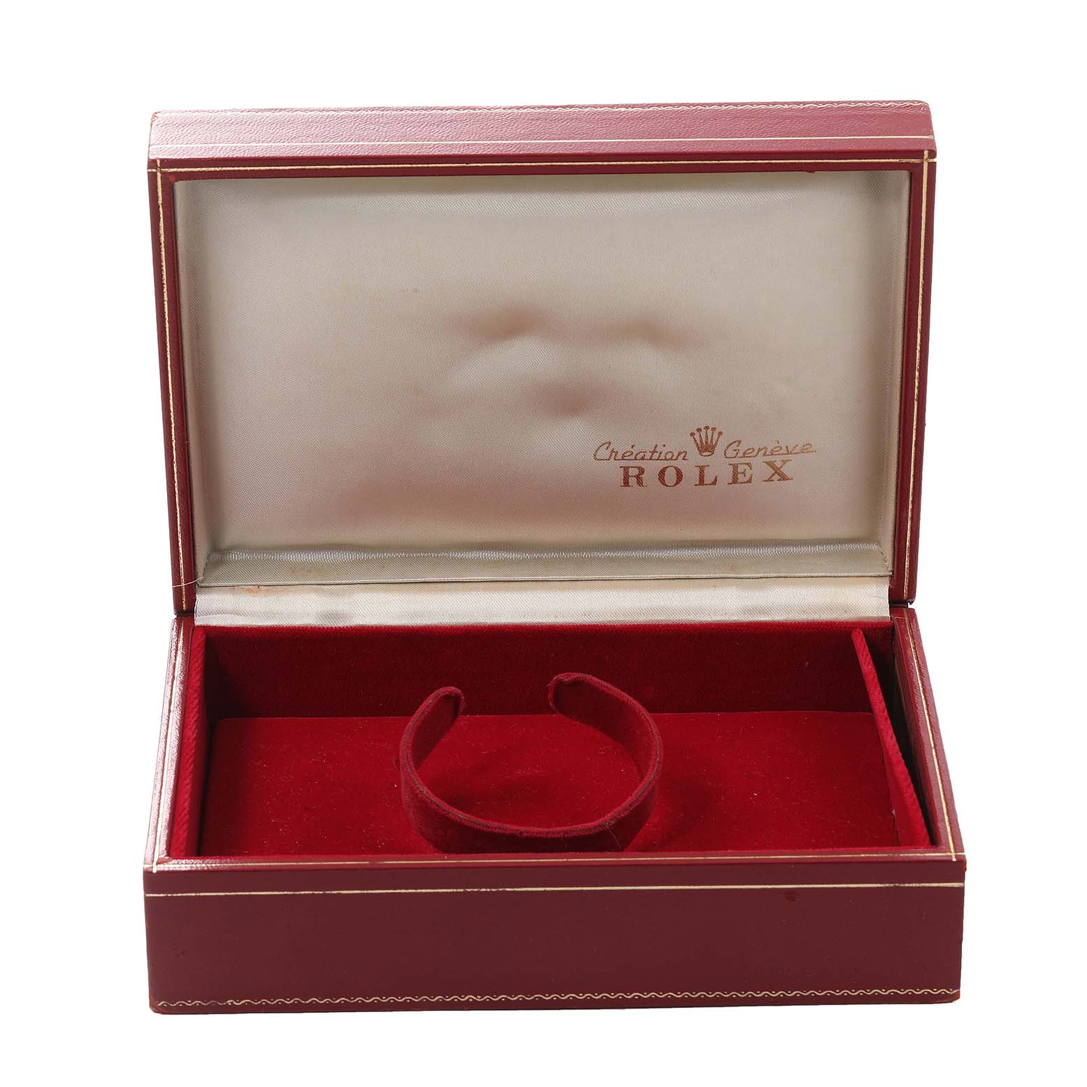 The image shows an open red Rolex President 69139 Women's White Gold Silver Dial 69139 Women's White Gold Silver Dial watch box from a front angle, displaying its inner velvet cushion.