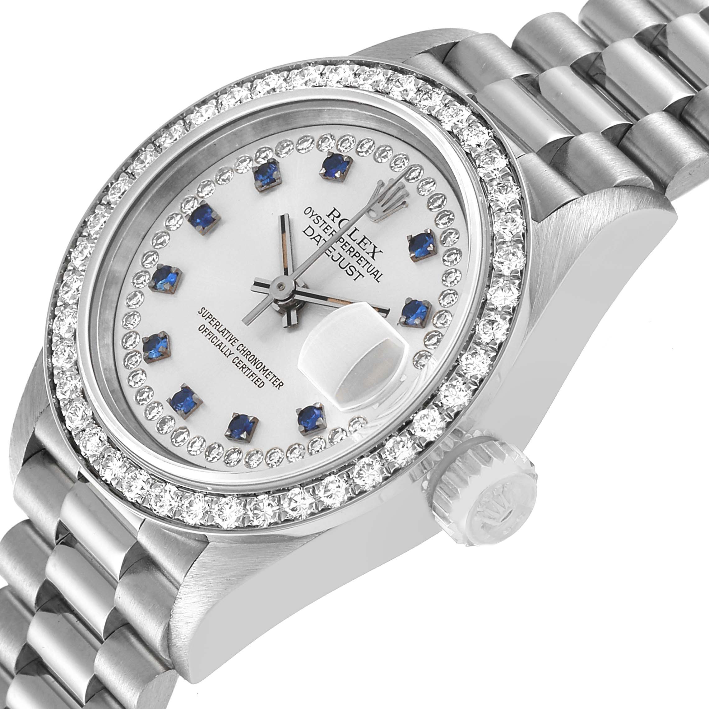 The image shows a close-up, angled view of the face, bezel, and part of the bracelet of the Rolex President 69139 Women's White Gold Silver Dial 69139 Women's White Gold Silver Dial model watch.