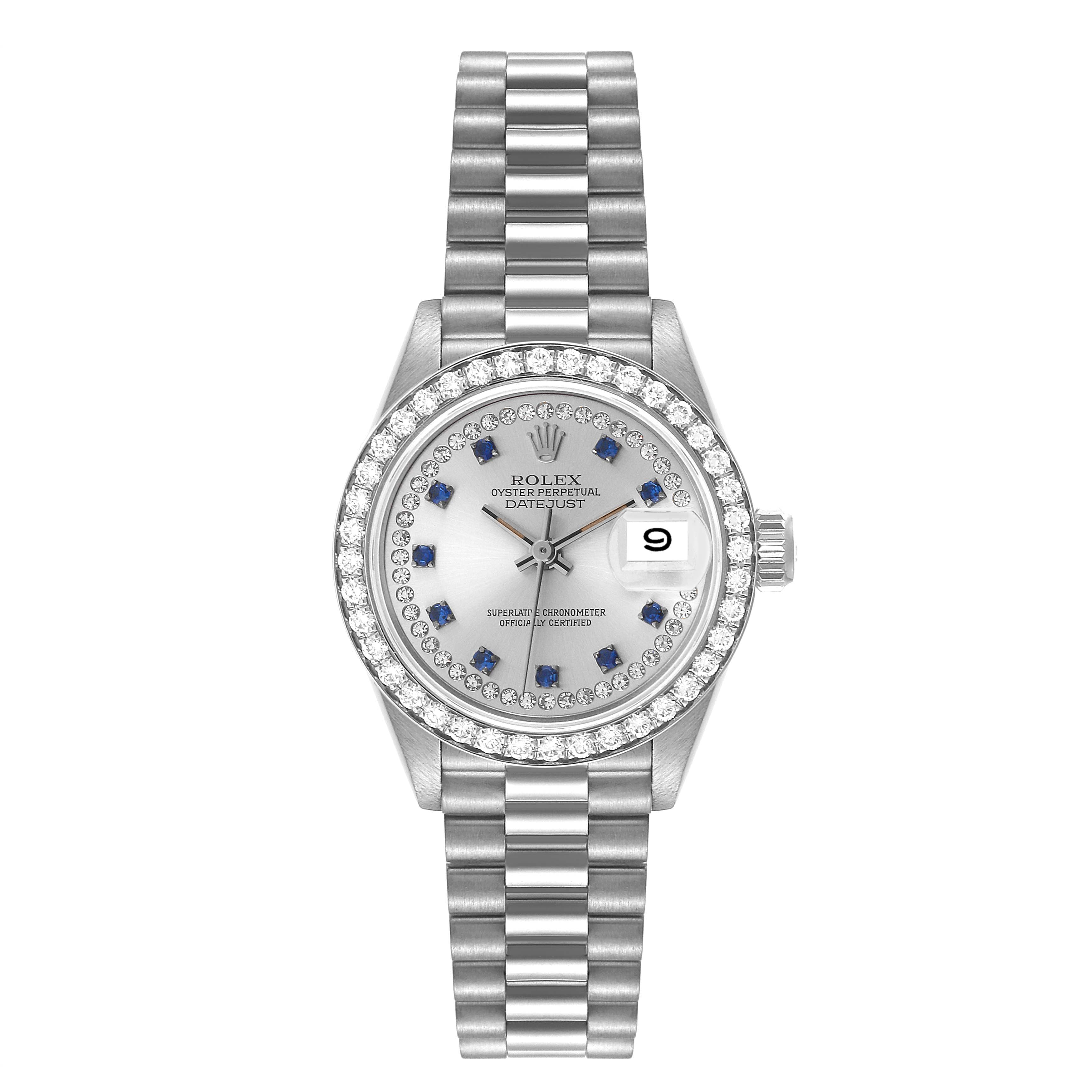 The image shows a front view of a Rolex President 69139 Women's White Gold Silver Dial 69139 Women's White Gold Silver Dial model watch, displaying its face, bezel, and bracelet.