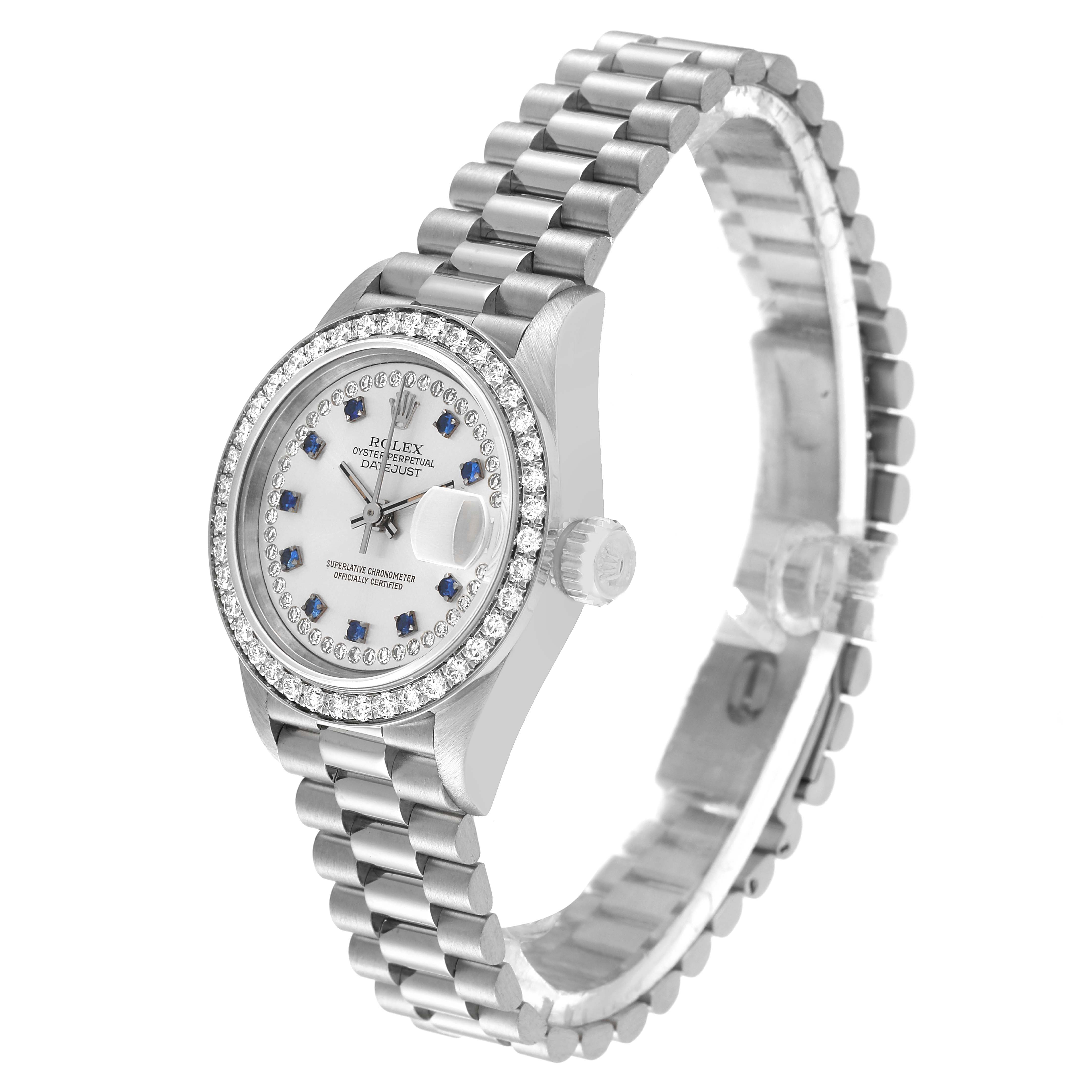 This image shows a Rolex President 69139 Women's White Gold Silver Dial 69139 Women's White Gold Silver Dial model watch at a slight angle, highlighting the face, bracelet, and crown.