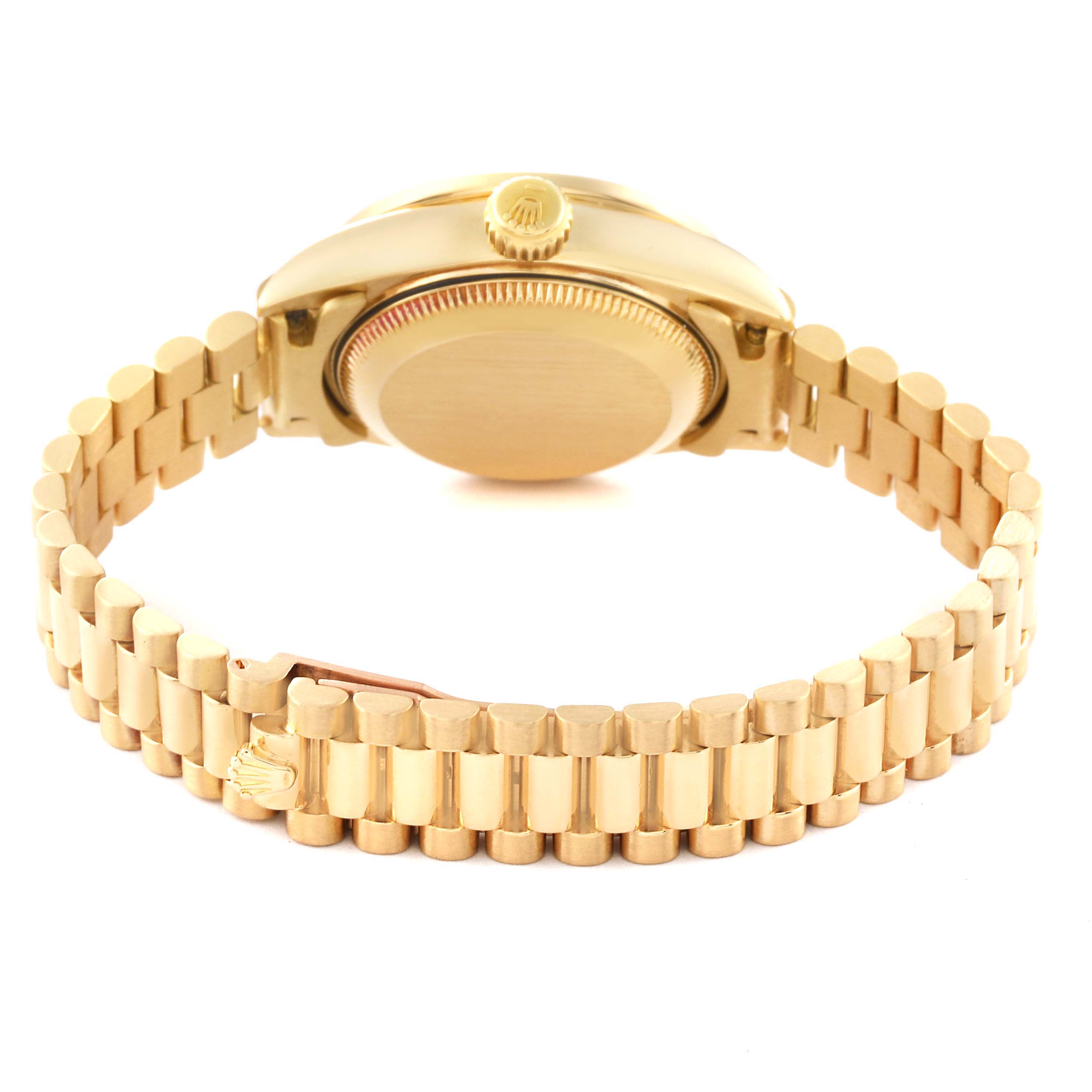 This is a rear view of the Rolex President 69138 Women's Yellow Gold Black Dial 69138 Women's Yellow Gold Black Dial model watch, showing the case back, crown, and bracelet.